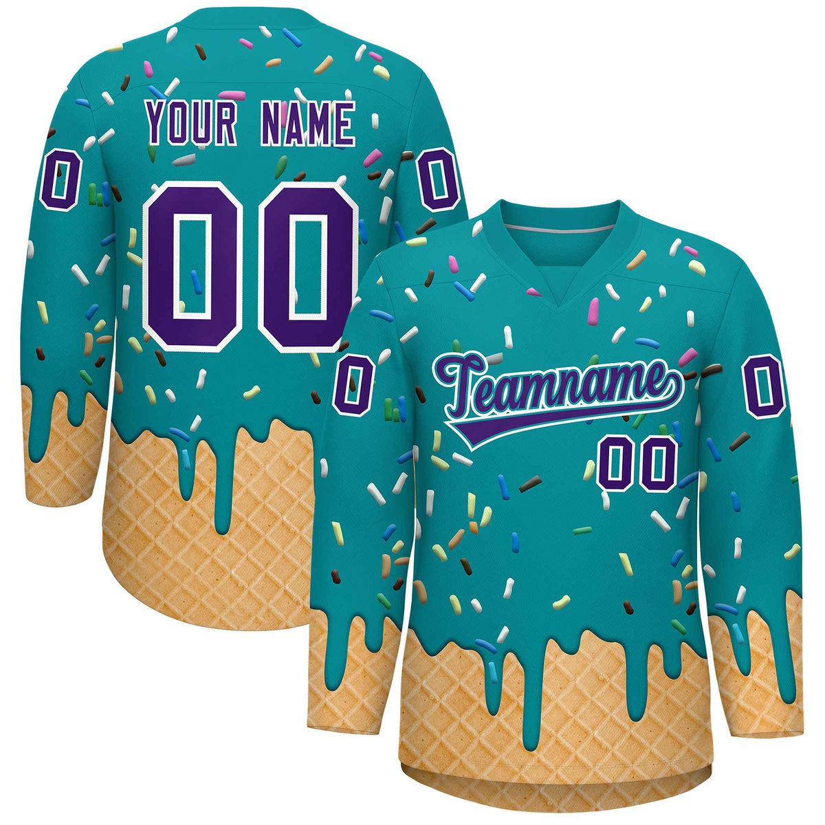 Custom Teal Purple Ice Cream Pattern Personalized V-Neck Hockey Jersey| KXKSHOP