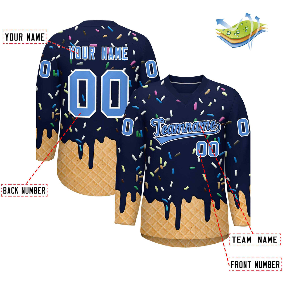 Custom Navy Powder Blue Ice Cream Pattern Personalized V-Neck Hockey Jersey| KXKSHOP