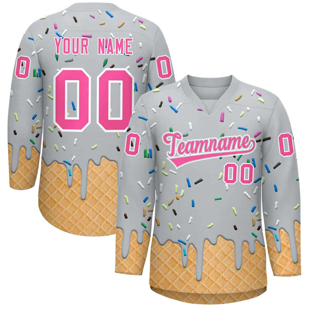 Custom Silver Pink Ice Cream Pattern Personalized V-Neck Hockey Jersey| KXKSHOP