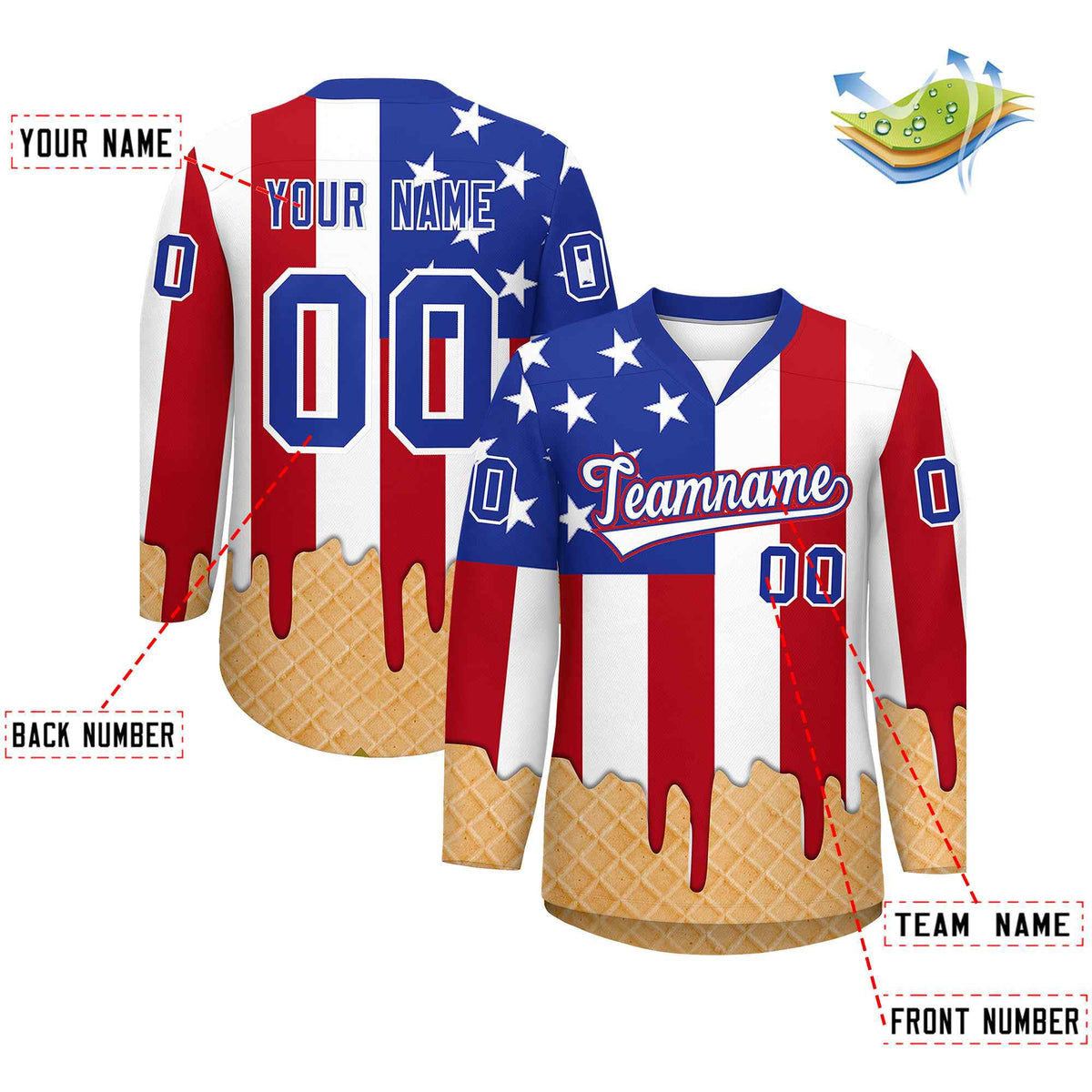 Custom American Flag White Ice Cream Pattern Personalized V-Neck Hockey Jersey| KXKSHOP