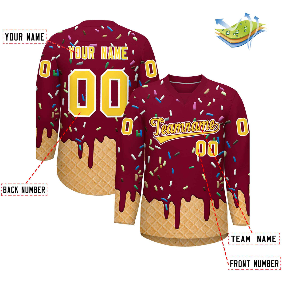 Custom Crimson Gold Ice Cream Pattern Personalized V-Neck Hockey Jersey| KXKSHOP