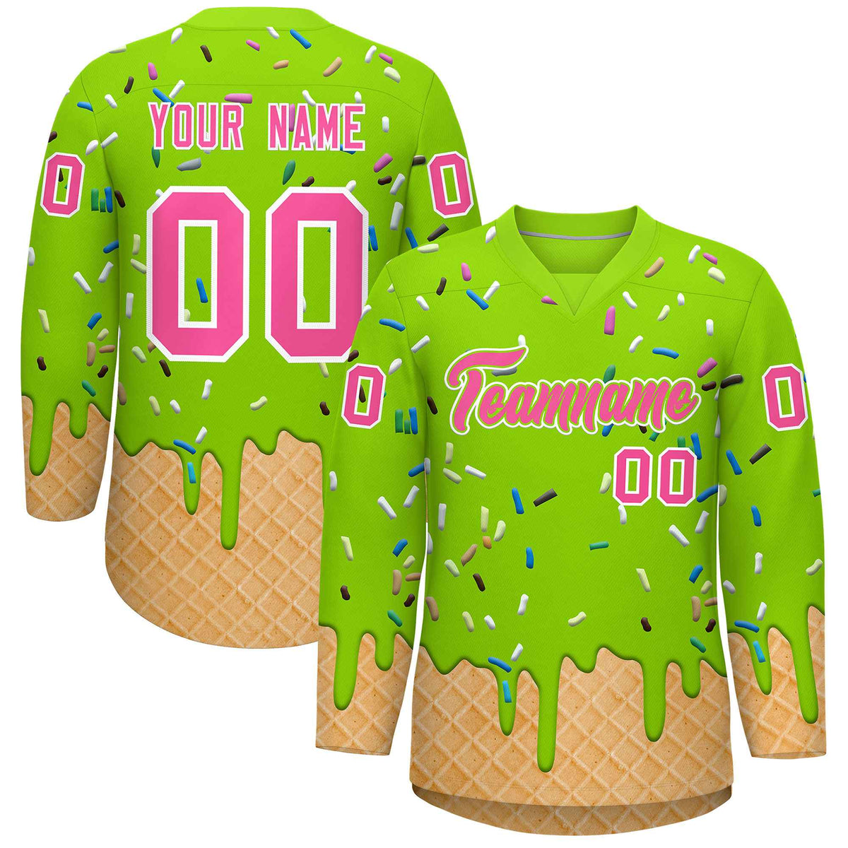 Custom Neon Green Pink Ice Cream Pattern Personalized V-Neck Hockey Jersey