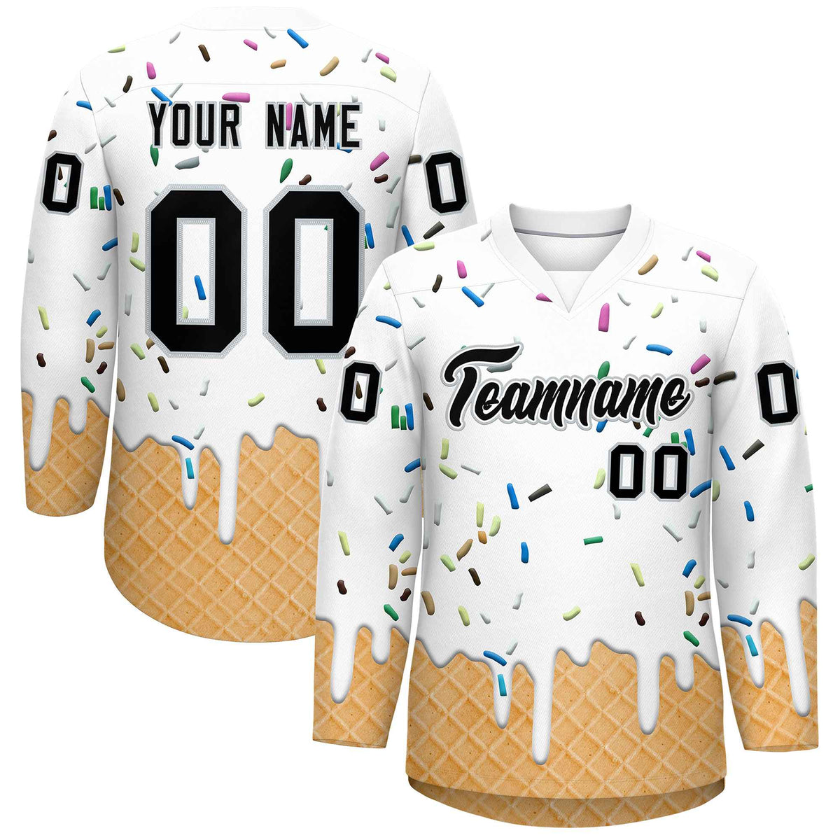 Custom White Black Ice Cream Pattern Personalized V-Neck Hockey Jersey