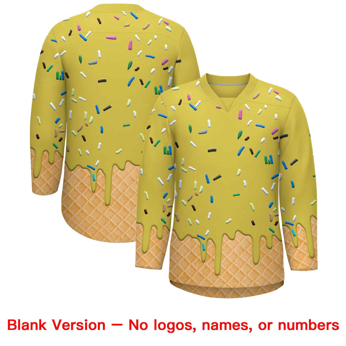 Custom Old Gold Black Ice Cream Pattern Personalized V-Neck Hockey Jersey
