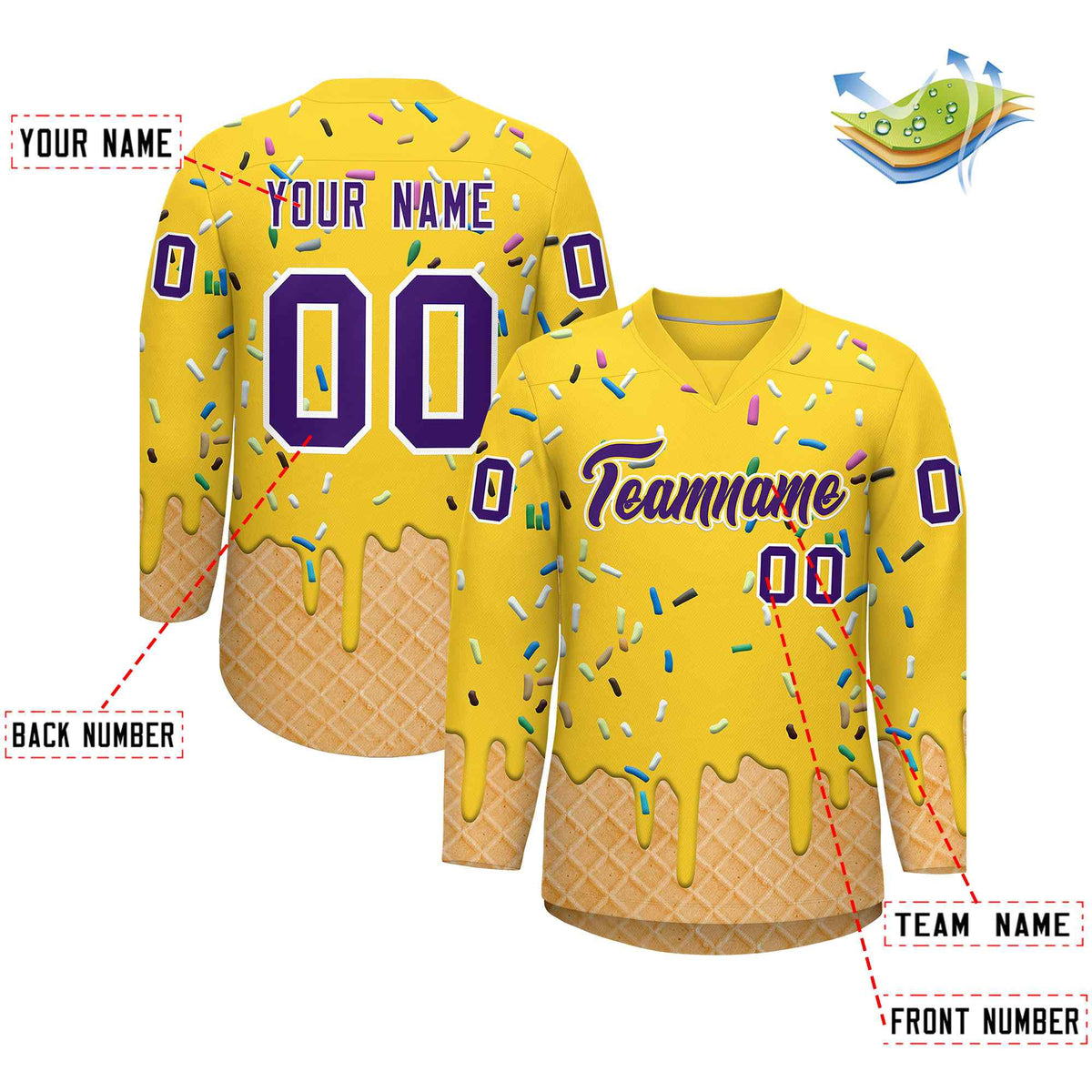 Custom Gold Purple Ice Cream Pattern Personalized V-Neck Hockey Jersey