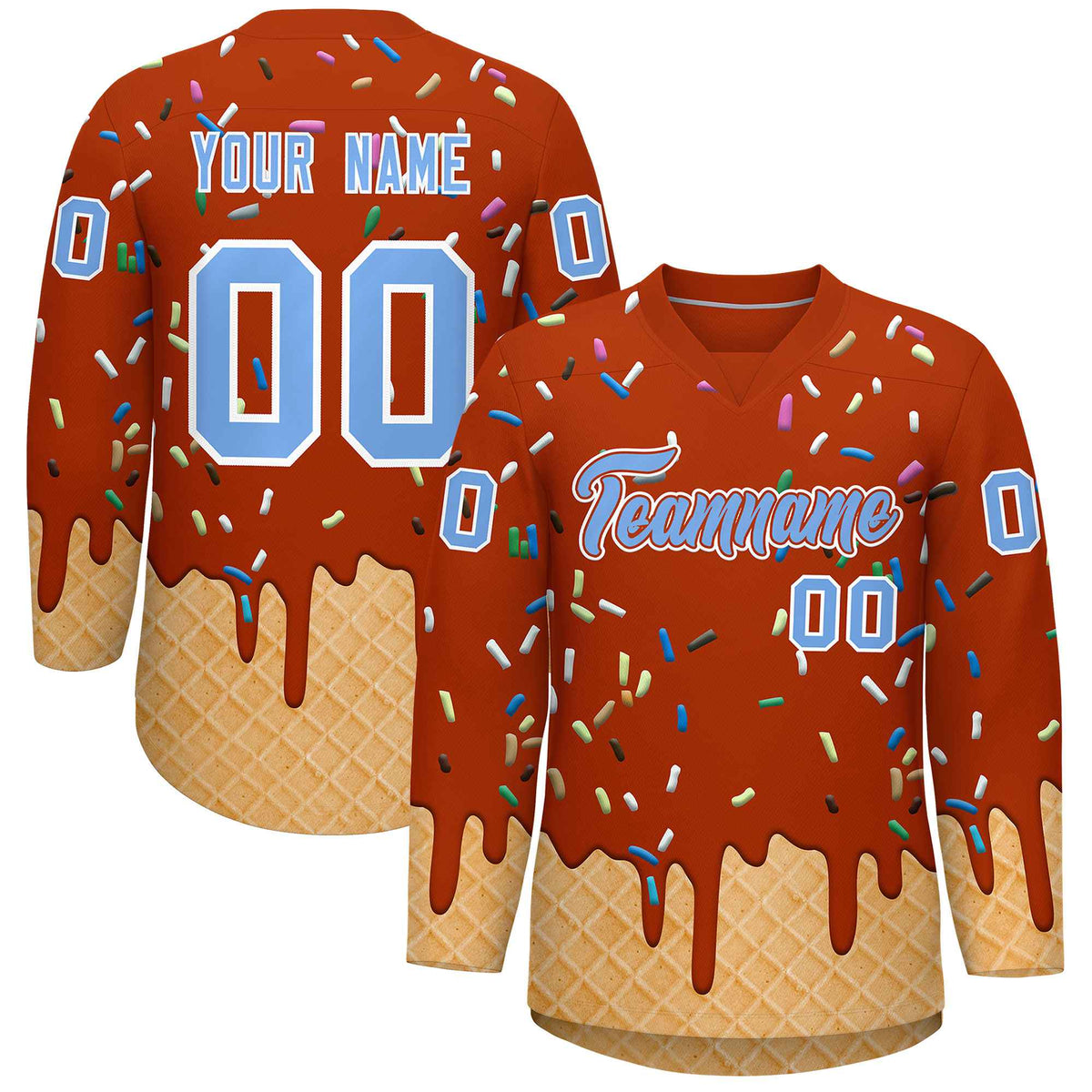 Custom Dark Orange Light Blue Ice Cream Pattern Personalized V-Neck Hockey Jersey