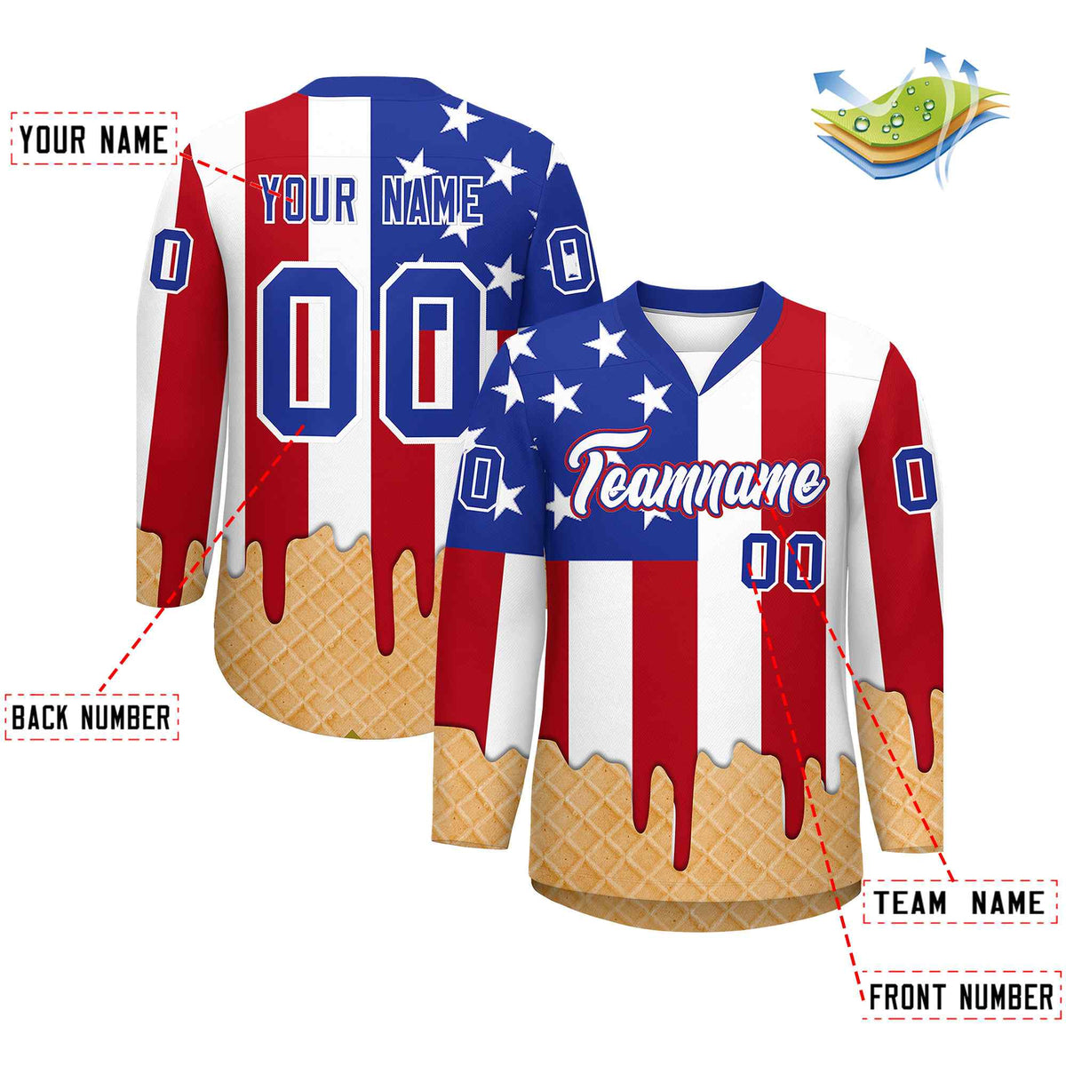 Custom American Flag White Ice Cream Pattern Personalized V-Neck Hockey Jersey