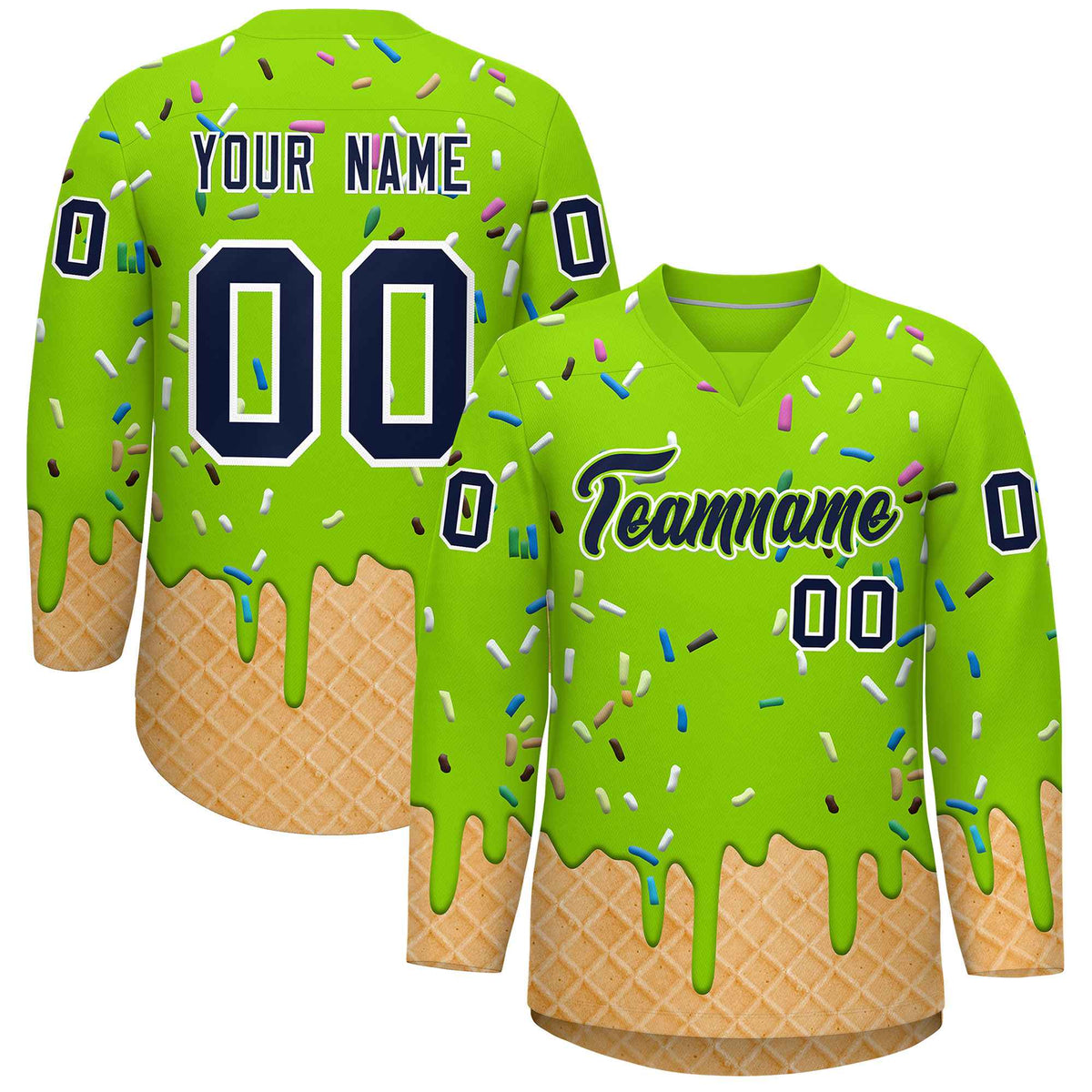 Custom Neon Green Navy Ice Cream Pattern Personalized V-Neck Hockey Jersey