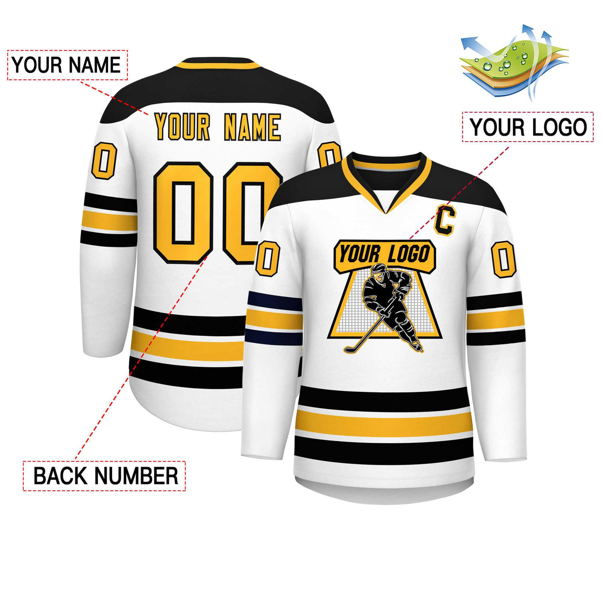 Custom White Black-Gold Personalized Classic V-Neck Hockey Jersey | KXKSHOP