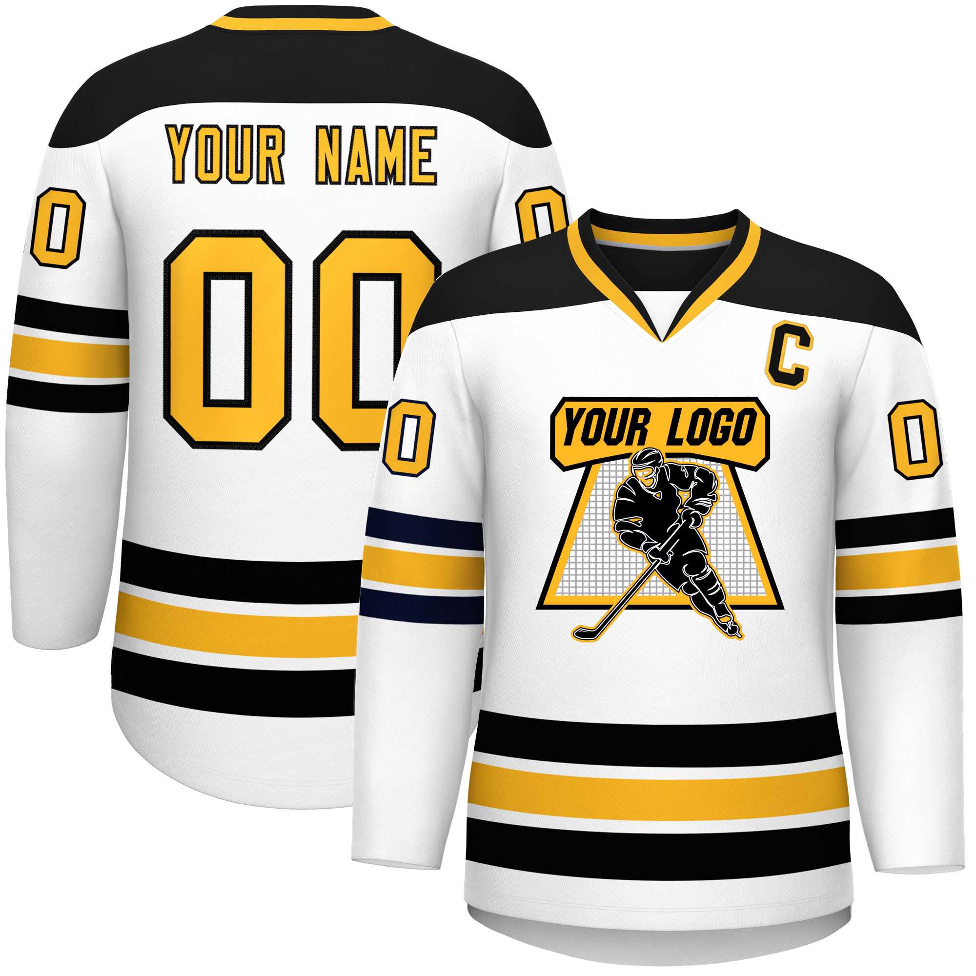Custom White Black-Gold Personalized Classic V-Neck Hockey Jersey | KXKSHOP