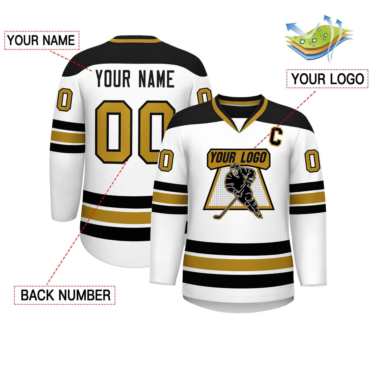 Custom White Black-Old Gold Personalized Classic V-Neck Hockey Jersey | KXKSHOP