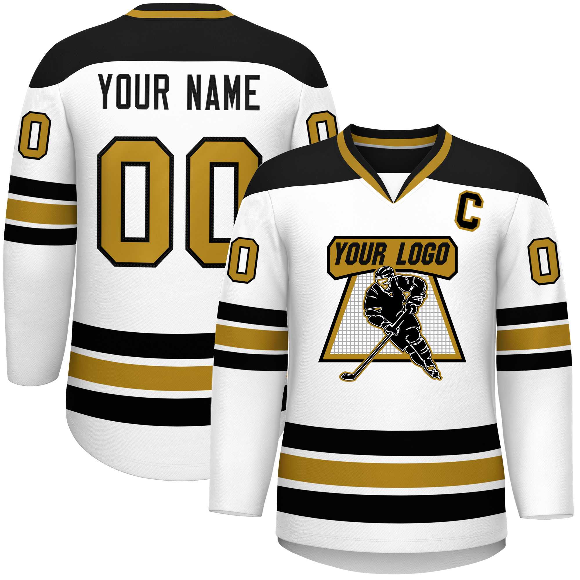 Custom White Black-Old Gold Personalized Classic V-Neck Hockey Jersey | KXKSHOP