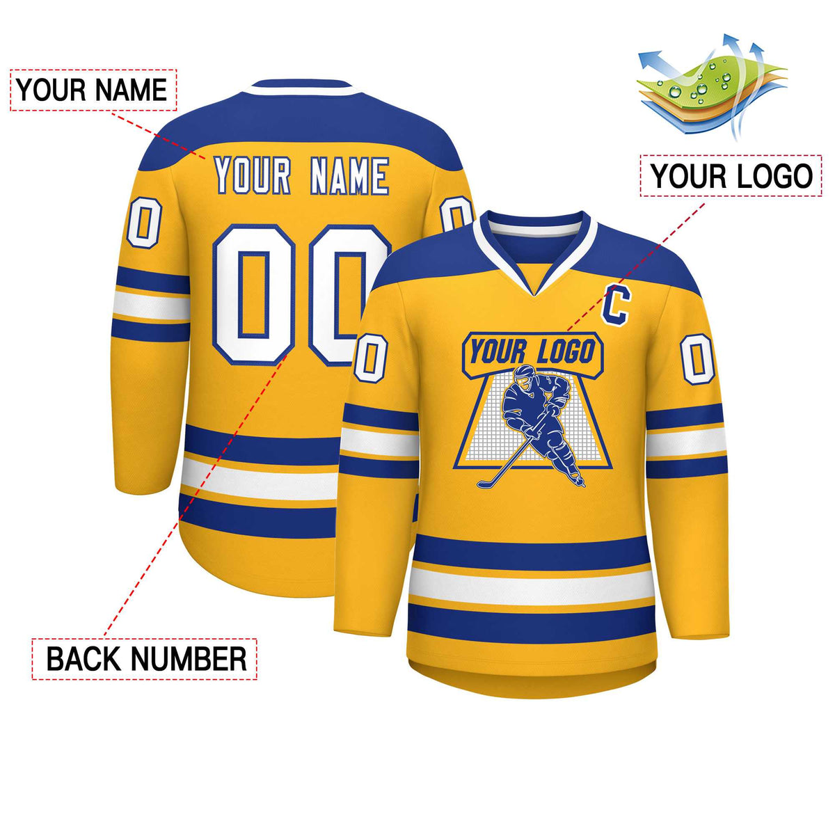Custom Gold Royal-White Personalized Classic V-Neck Hockey Jersey | KXKSHOP