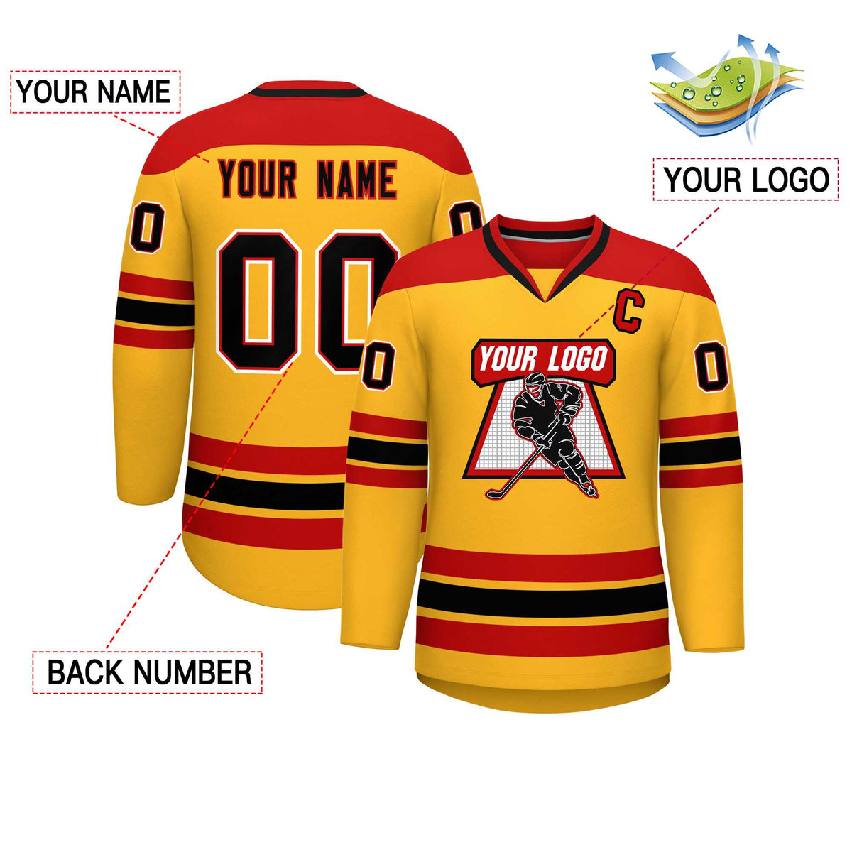 Custom Gold Red-Black Personalized Classic V-Neck Hockey Jersey | KXKSHOP