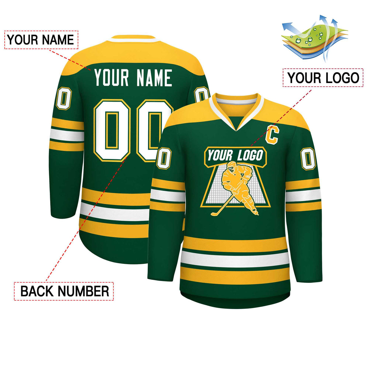 Custom Green Gold-White Personalized Classic V-Neck Hockey Jersey | KXKSHOP