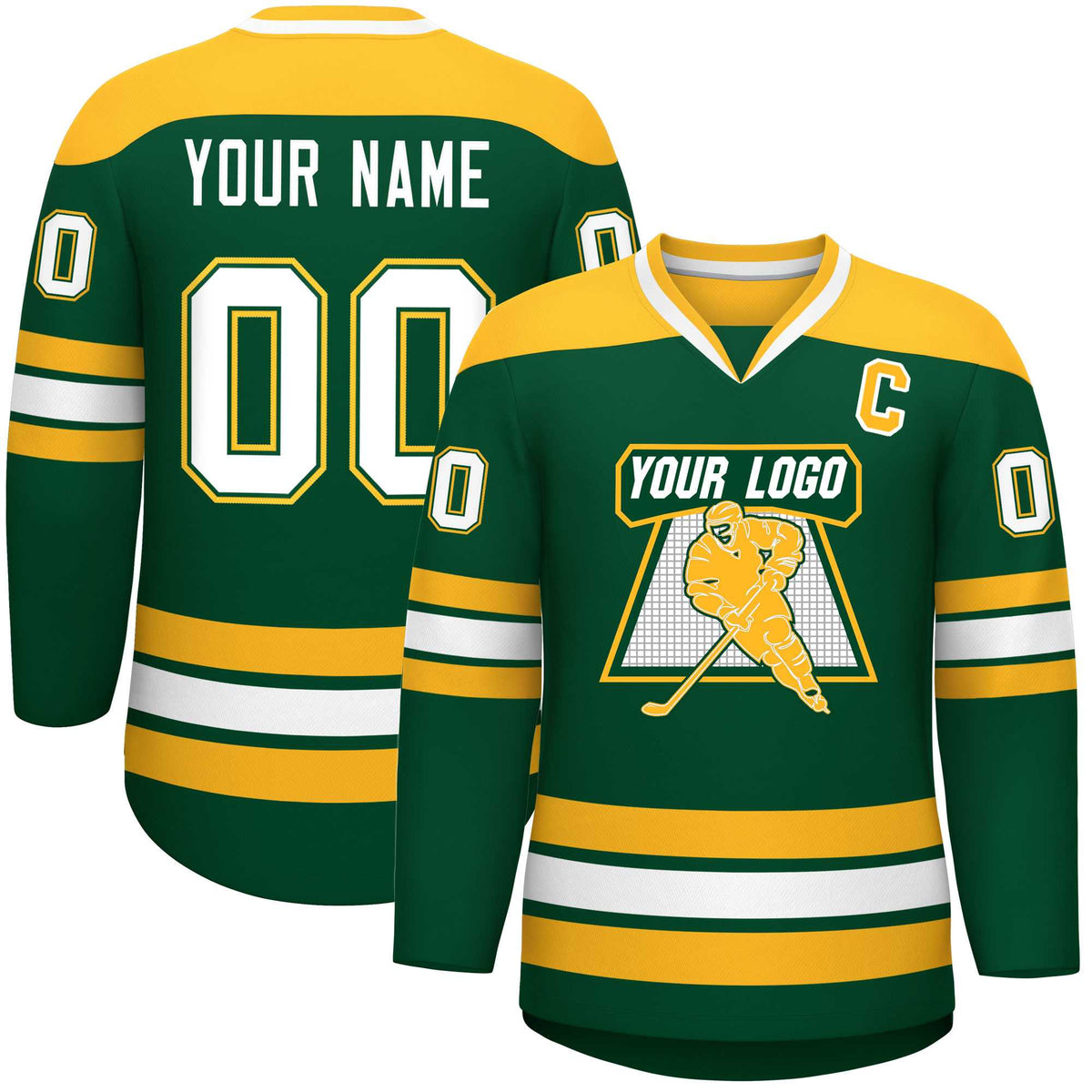 Custom Green Gold-White Personalized Classic V-Neck Hockey Jersey | KXKSHOP