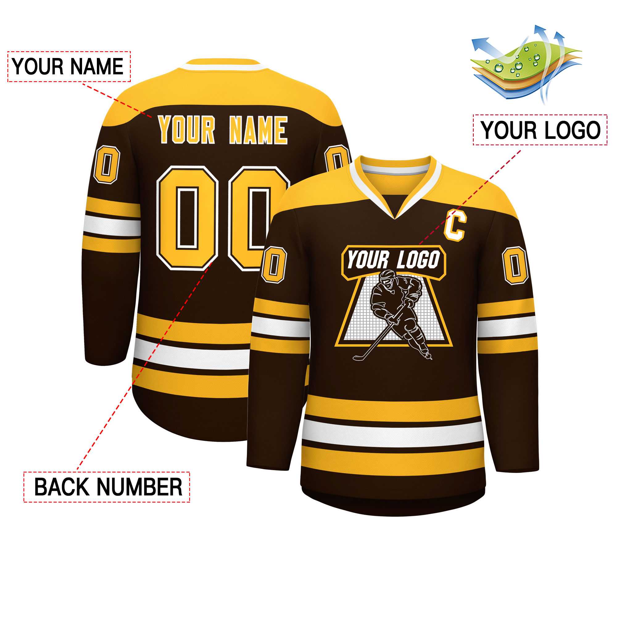 Custom Brown Gold-White Personalized Classic V-Neck Hockey Jersey | KXKSHOP