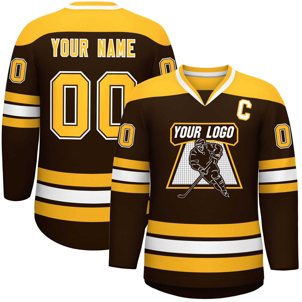 Custom Brown Gold-White Personalized Classic V-Neck Hockey Jersey | KXKSHOP