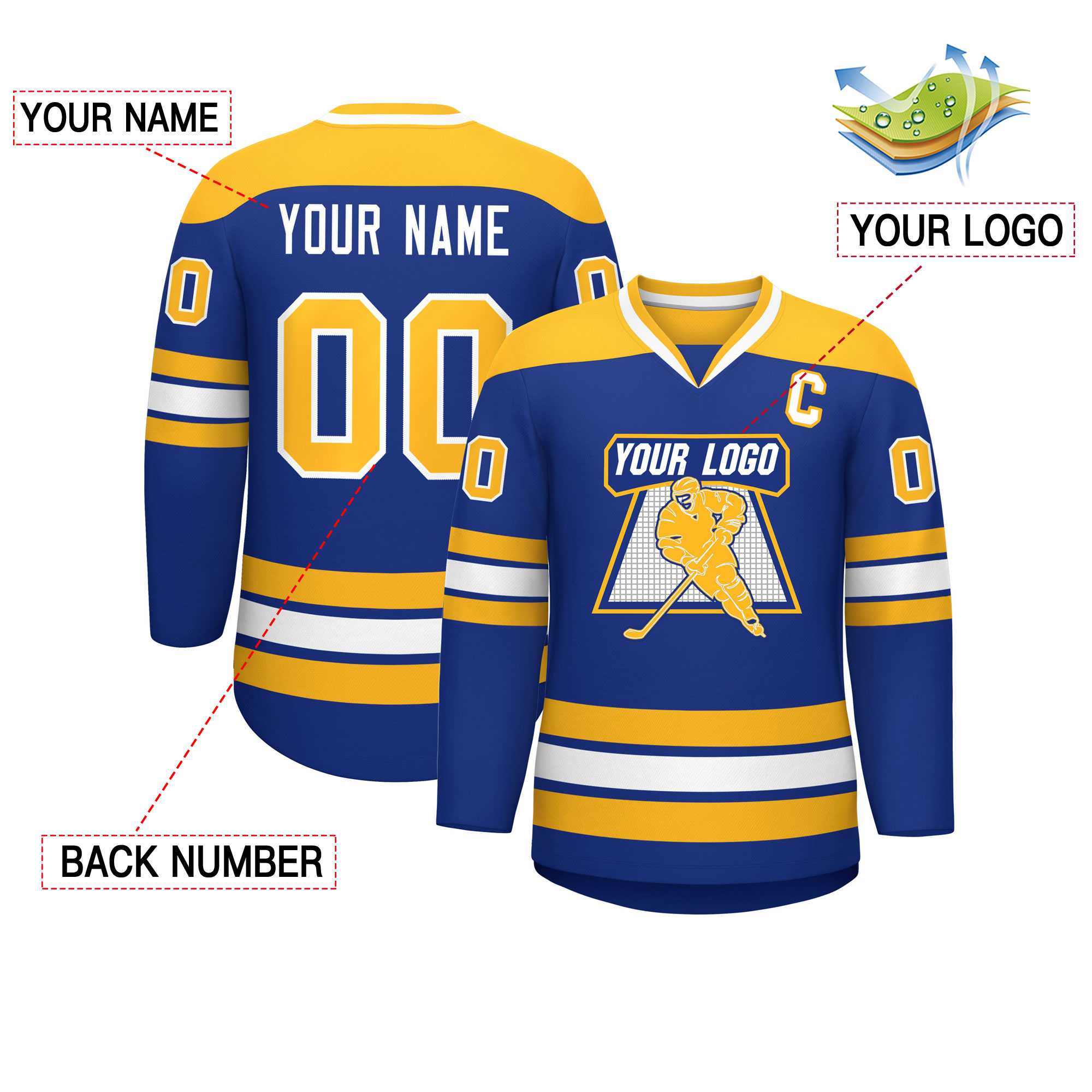 Custom Royal Gold-White Personalized Classic V-Neck Hockey Jersey | KXKSHOP