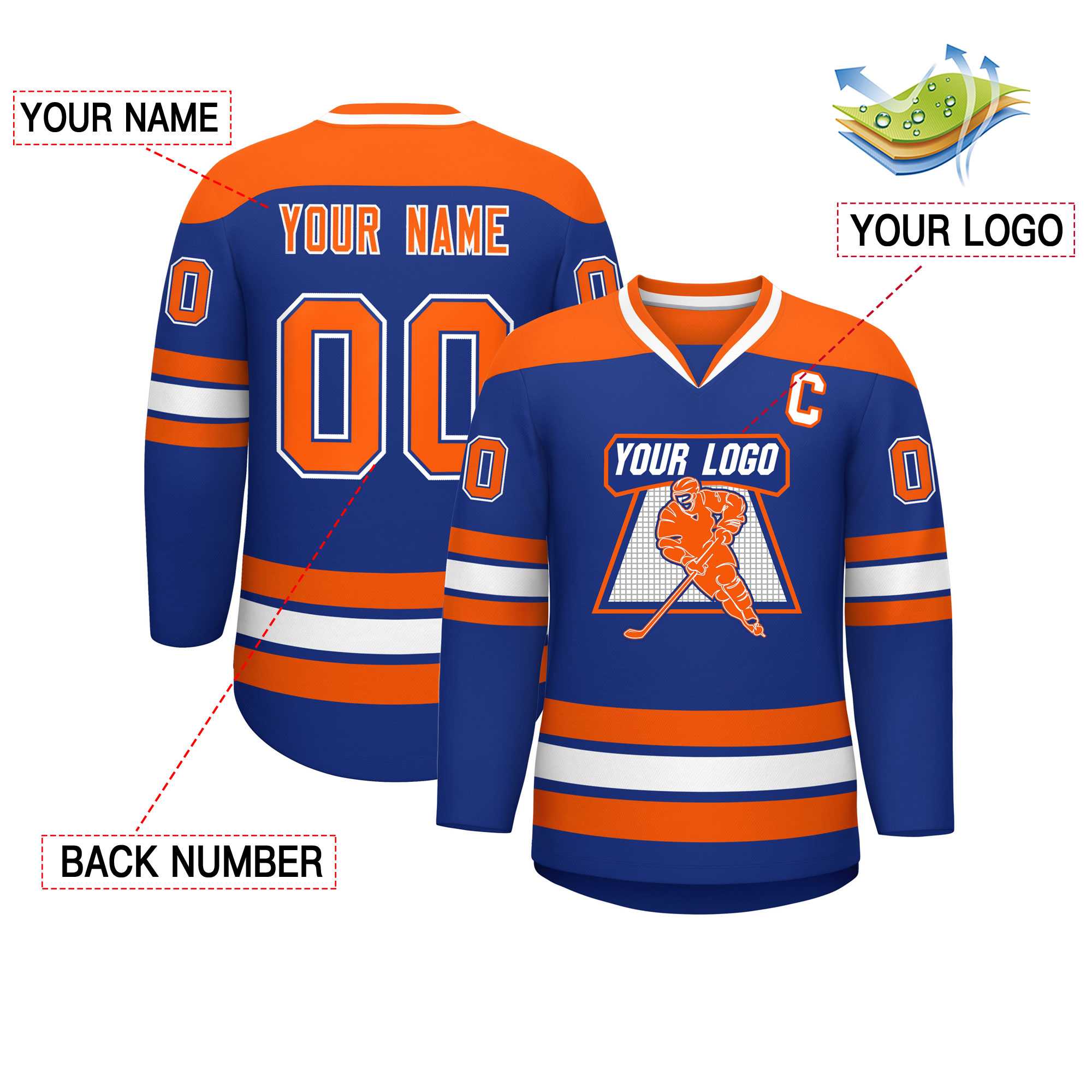 Custom Royal Orange-White Personalized Classic V-Neck Hockey Jersey | KXKSHOP