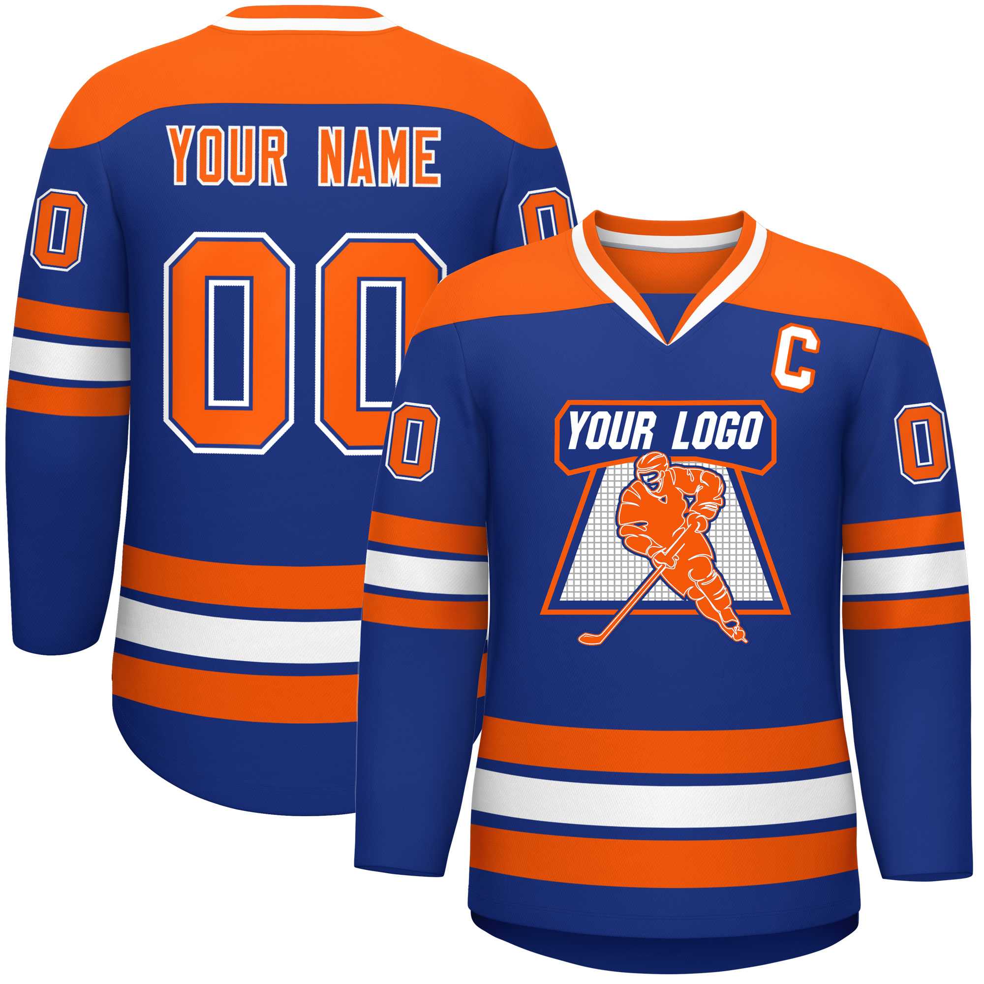 Custom Royal Orange-White Personalized Classic V-Neck Hockey Jersey | KXKSHOP