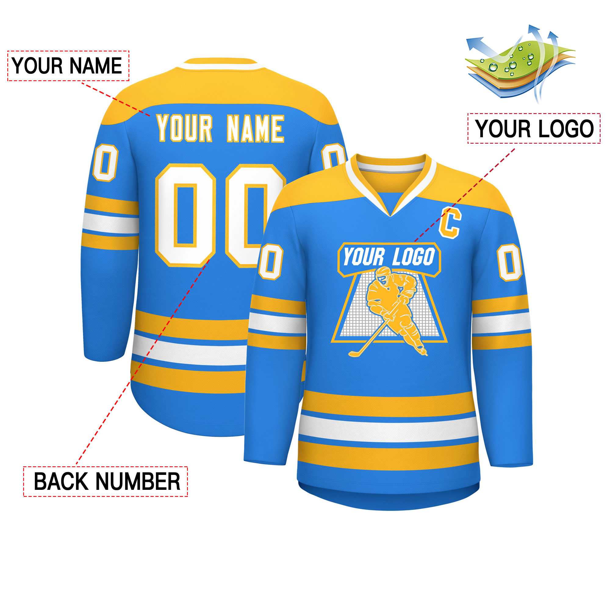 Custom Powder Blue Gold-White Personalized Classic V-Neck Hockey Jersey | KXKSHOP