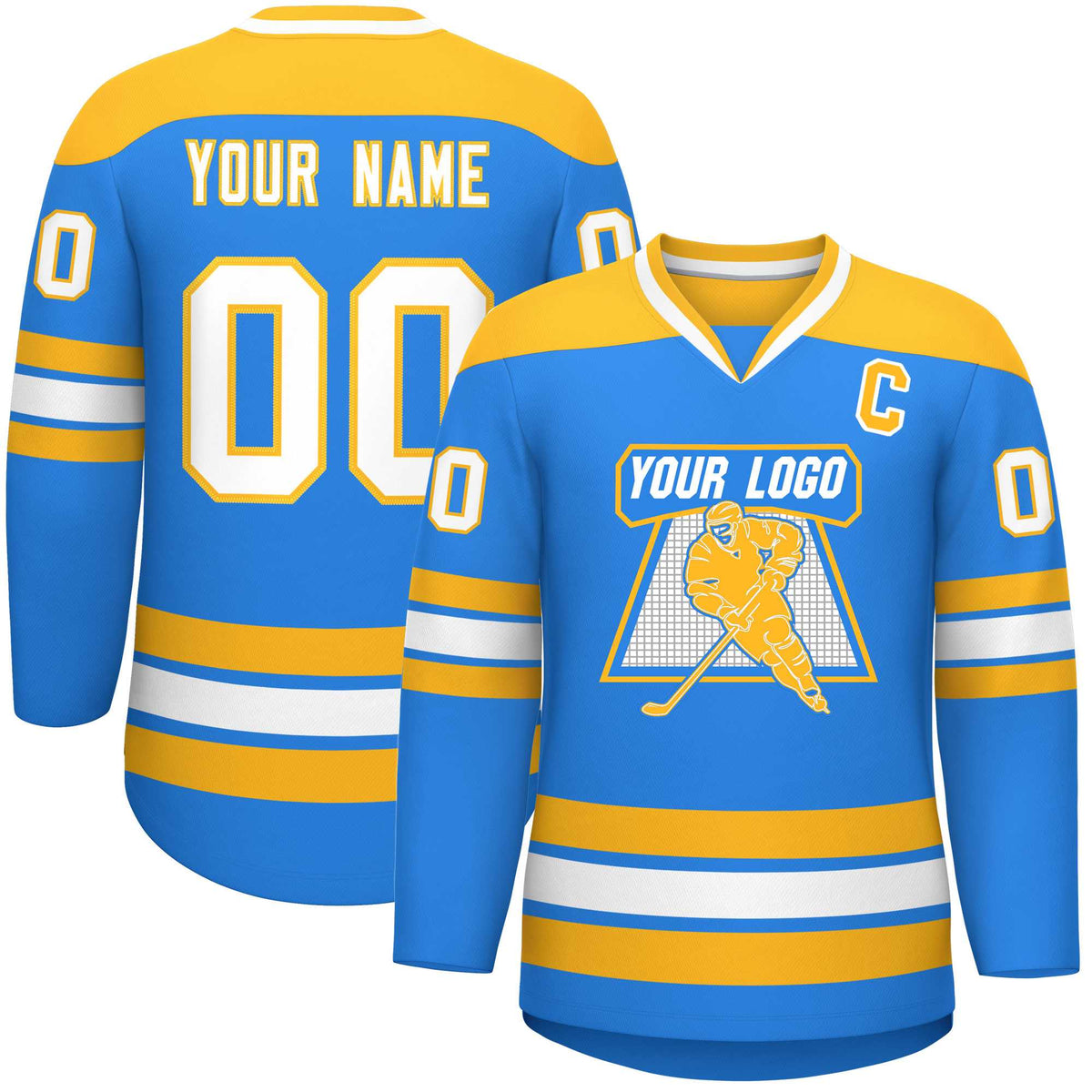 Custom Powder Blue Gold-White Personalized Classic V-Neck Hockey Jersey | KXKSHOP