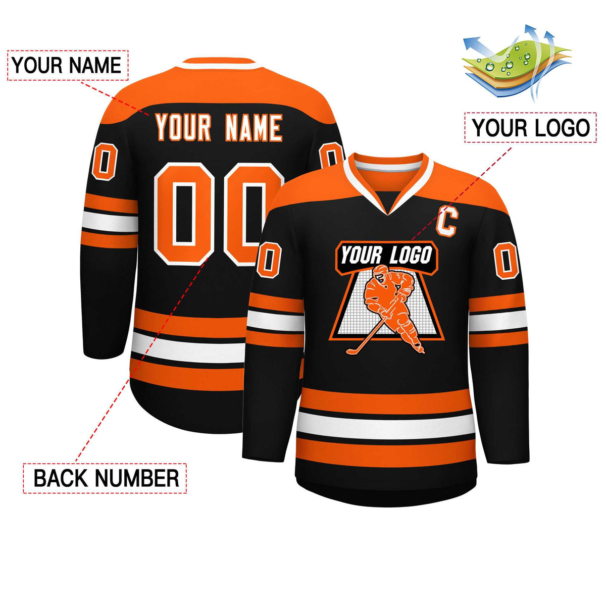 Custom Black Orange-White Personalized Classic V-Neck Hockey Jersey | KXKSHOP
