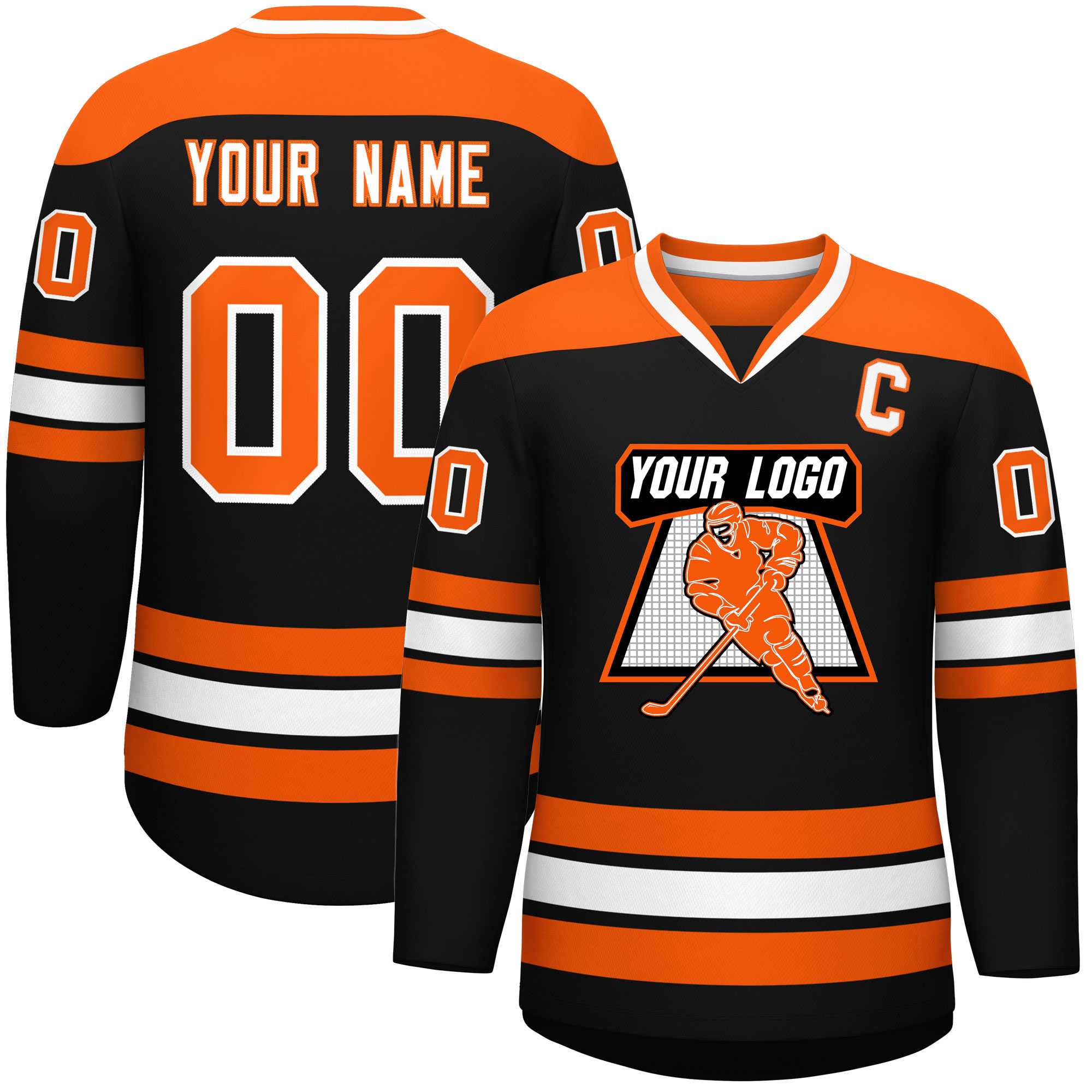 Custom Black Orange-White Personalized Classic V-Neck Hockey Jersey | KXKSHOP