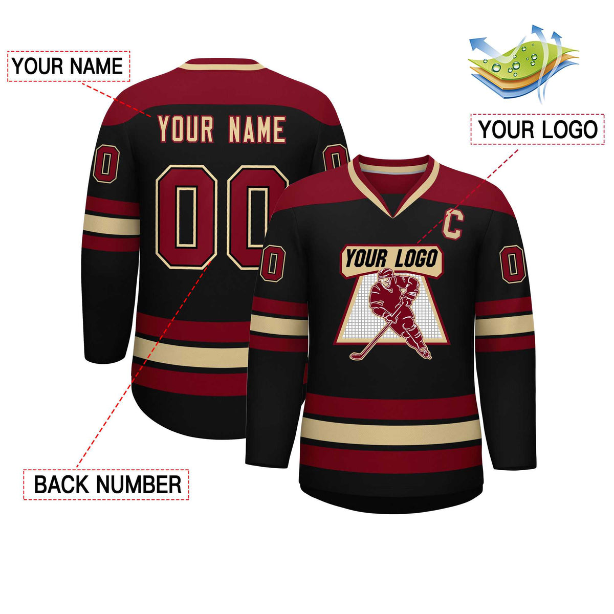Custom Black Crimson-Khaki Personalized Classic V-Neck Hockey Jersey | KXKSHOP