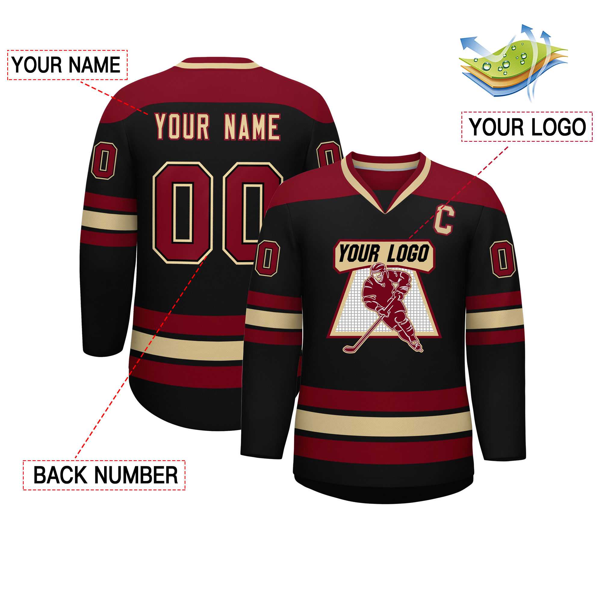 Custom Black Crimson-Khaki Personalized Classic V-Neck Hockey Jersey | KXKSHOP