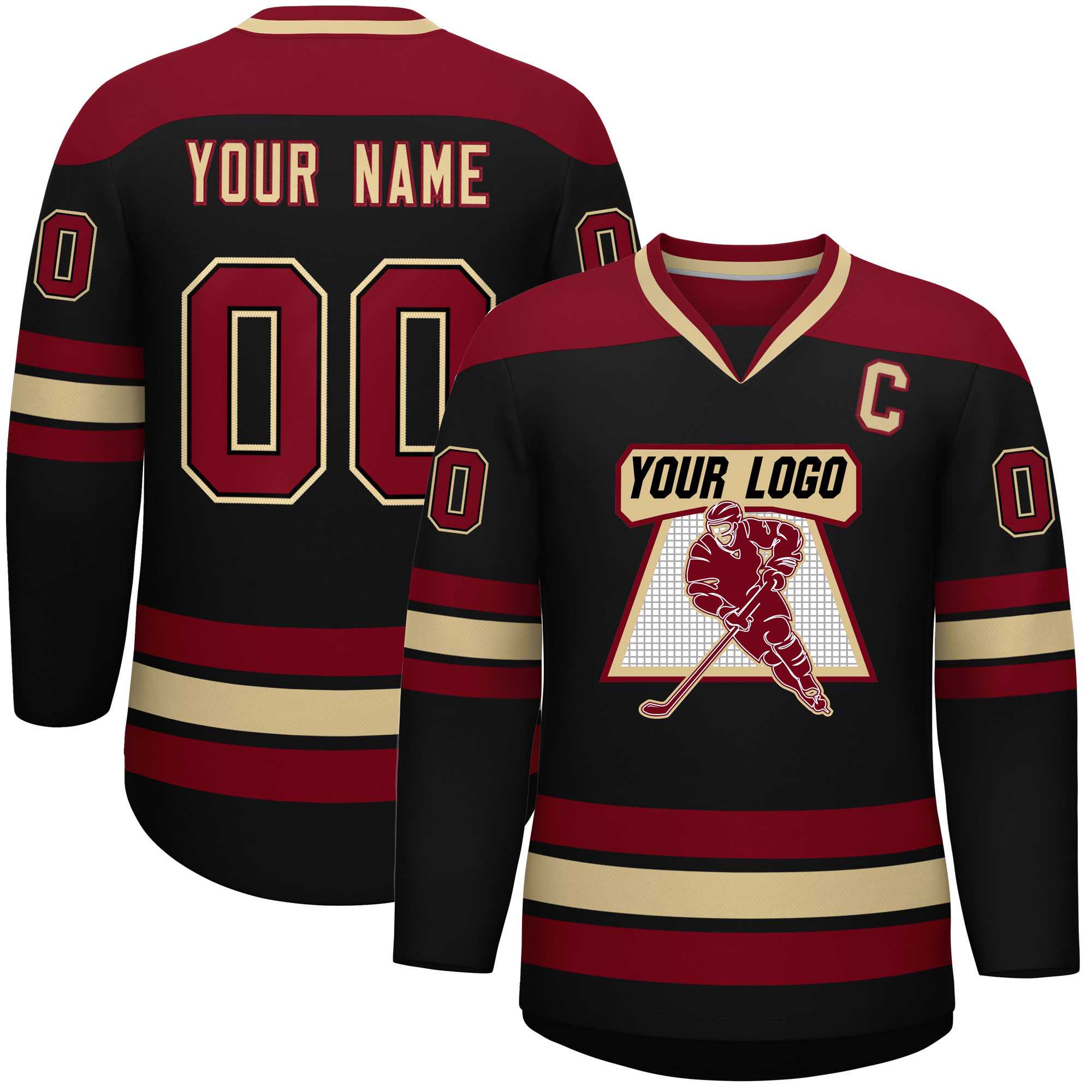 Custom Black Crimson-Khaki Personalized Classic V-Neck Hockey Jersey | KXKSHOP