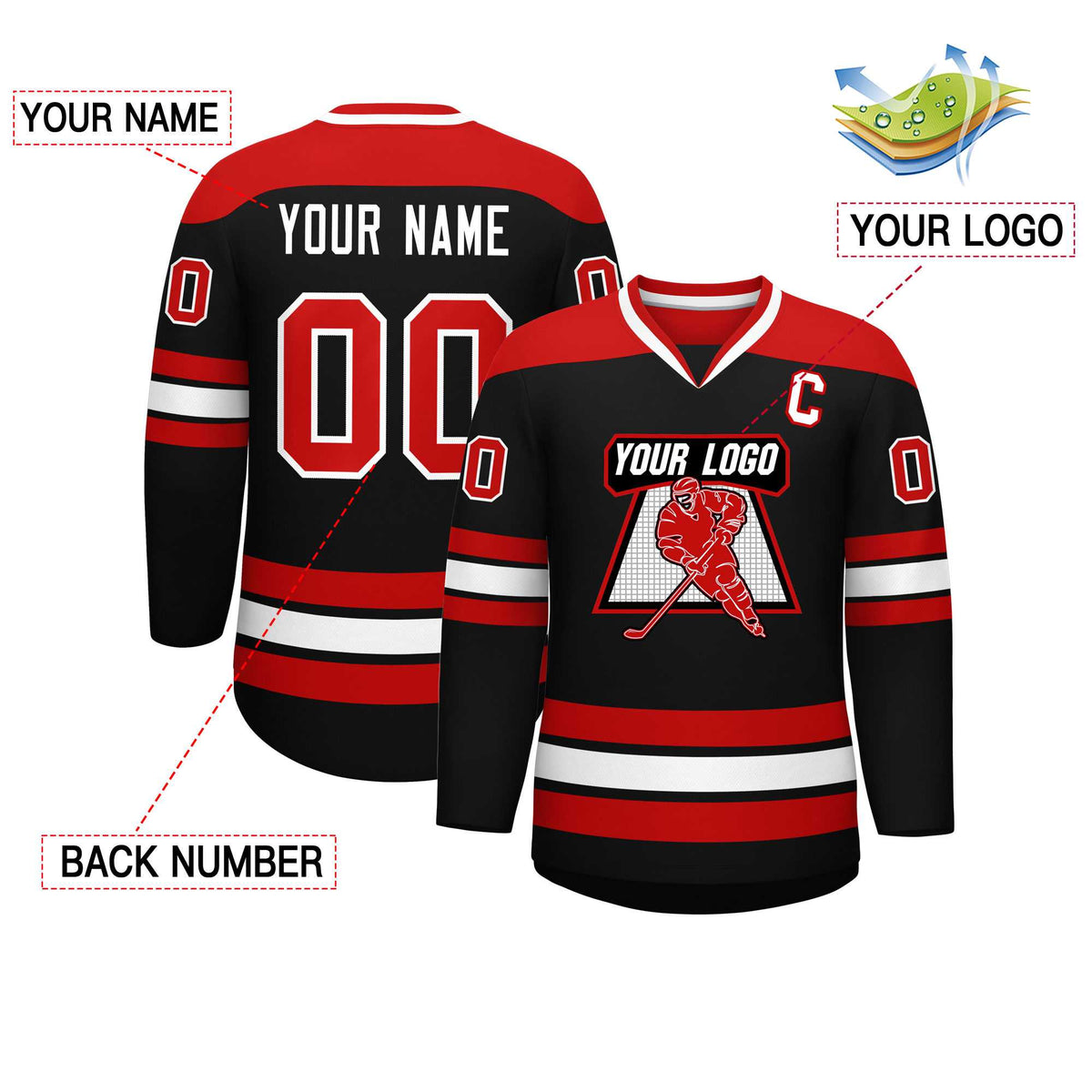Custom Black Red-White Personalized Classic V-Neck Hockey Jersey | KXKSHOP