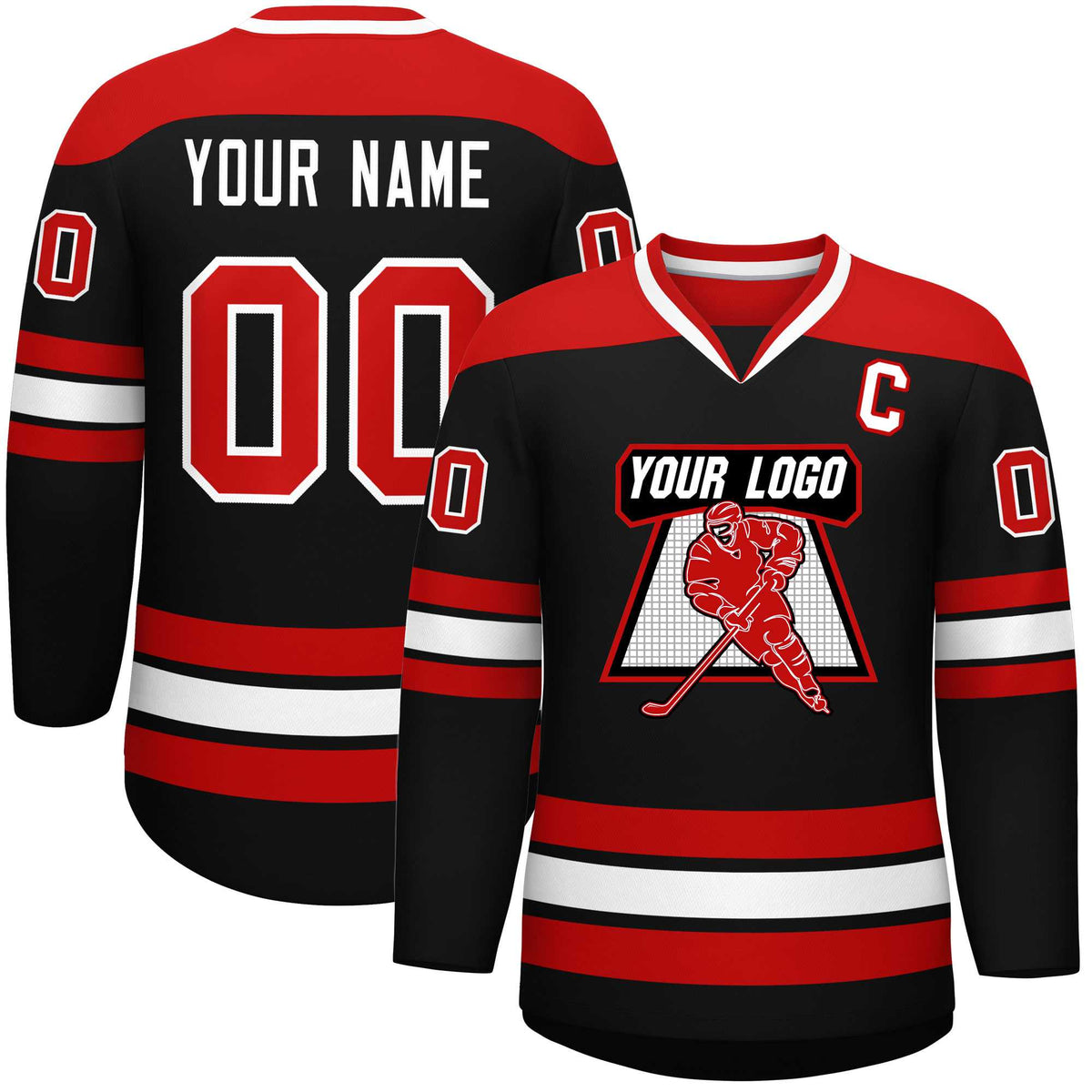 Custom Black Red-White Personalized Classic V-Neck Hockey Jersey | KXKSHOP
