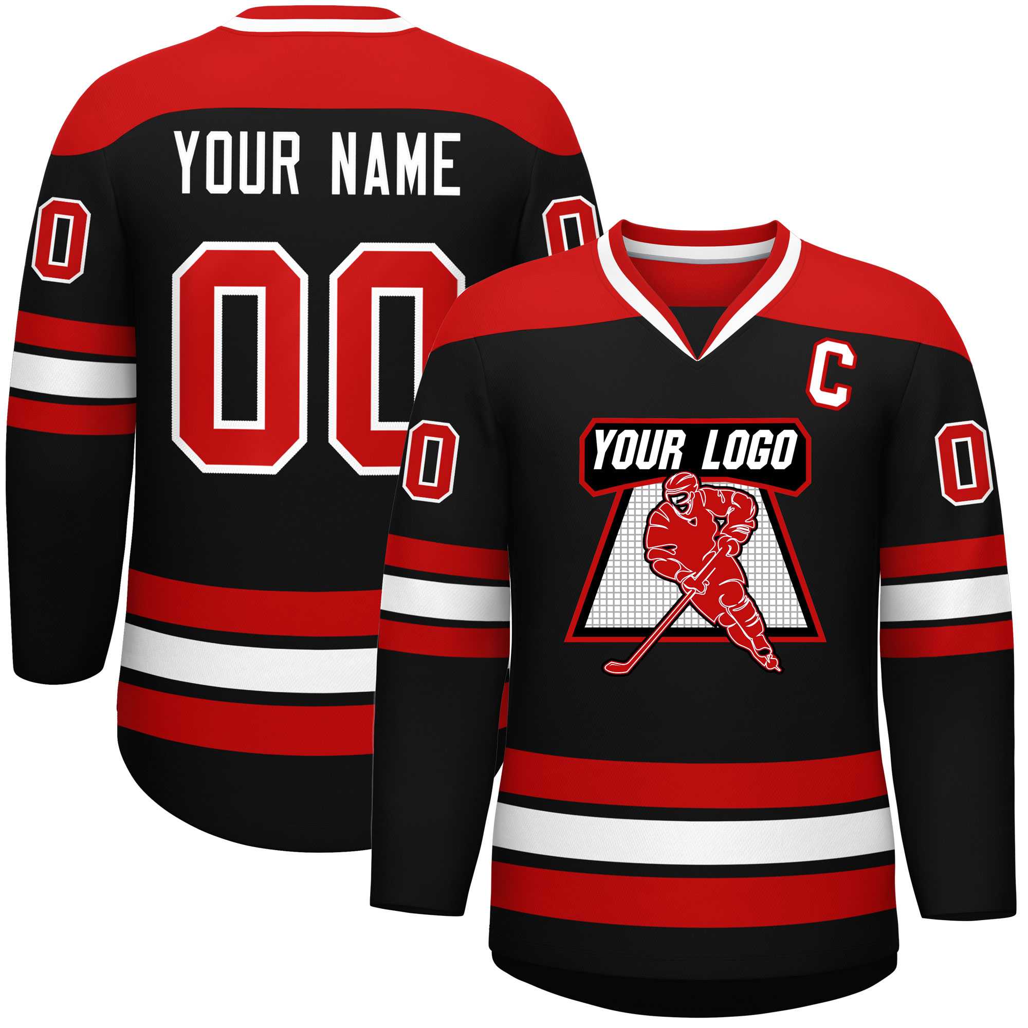 Custom Black Red-White Personalized Classic V-Neck Hockey Jersey | KXKSHOP