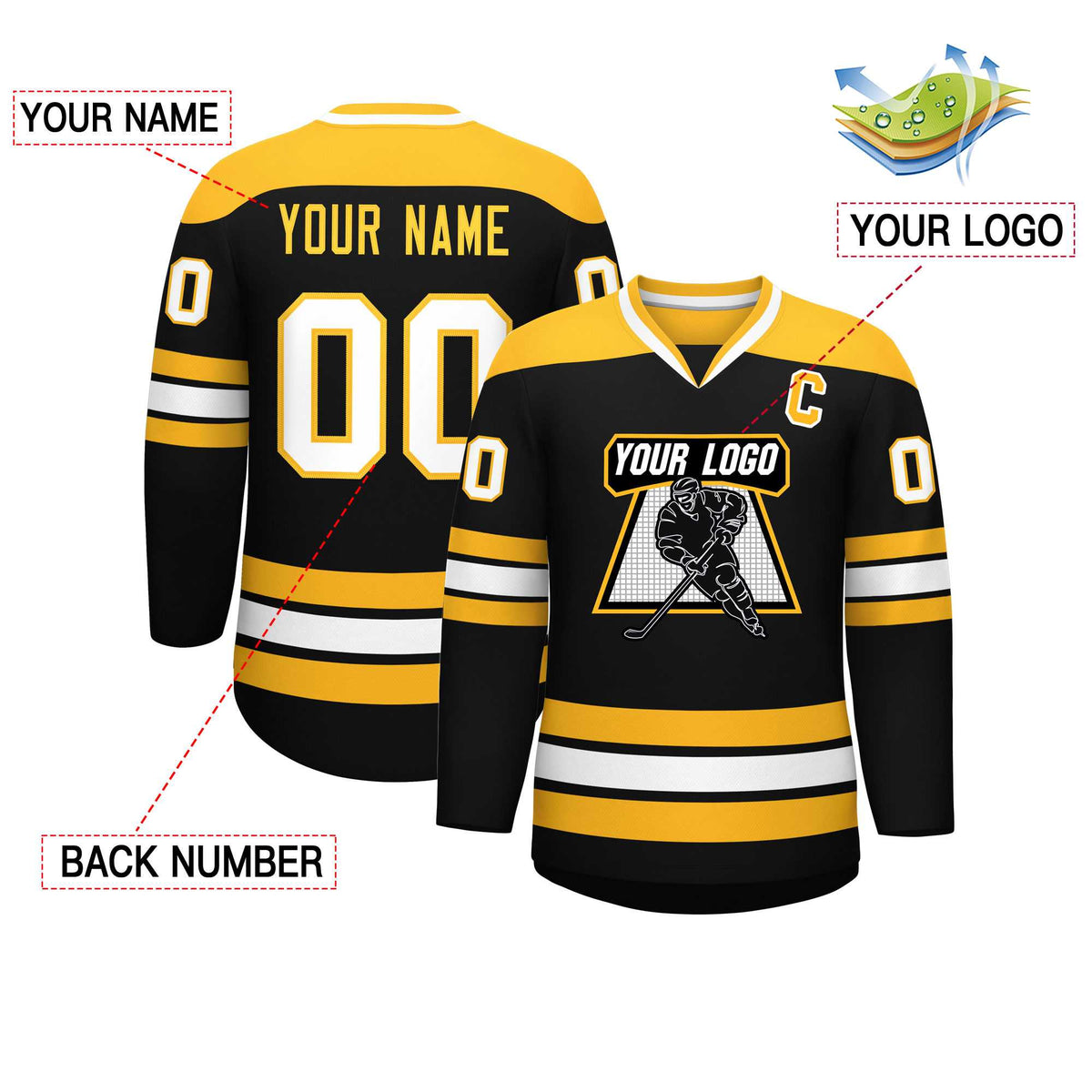 Custom Black Gold-White Personalized Classic V-Neck Hockey Jersey | KXKSHOP