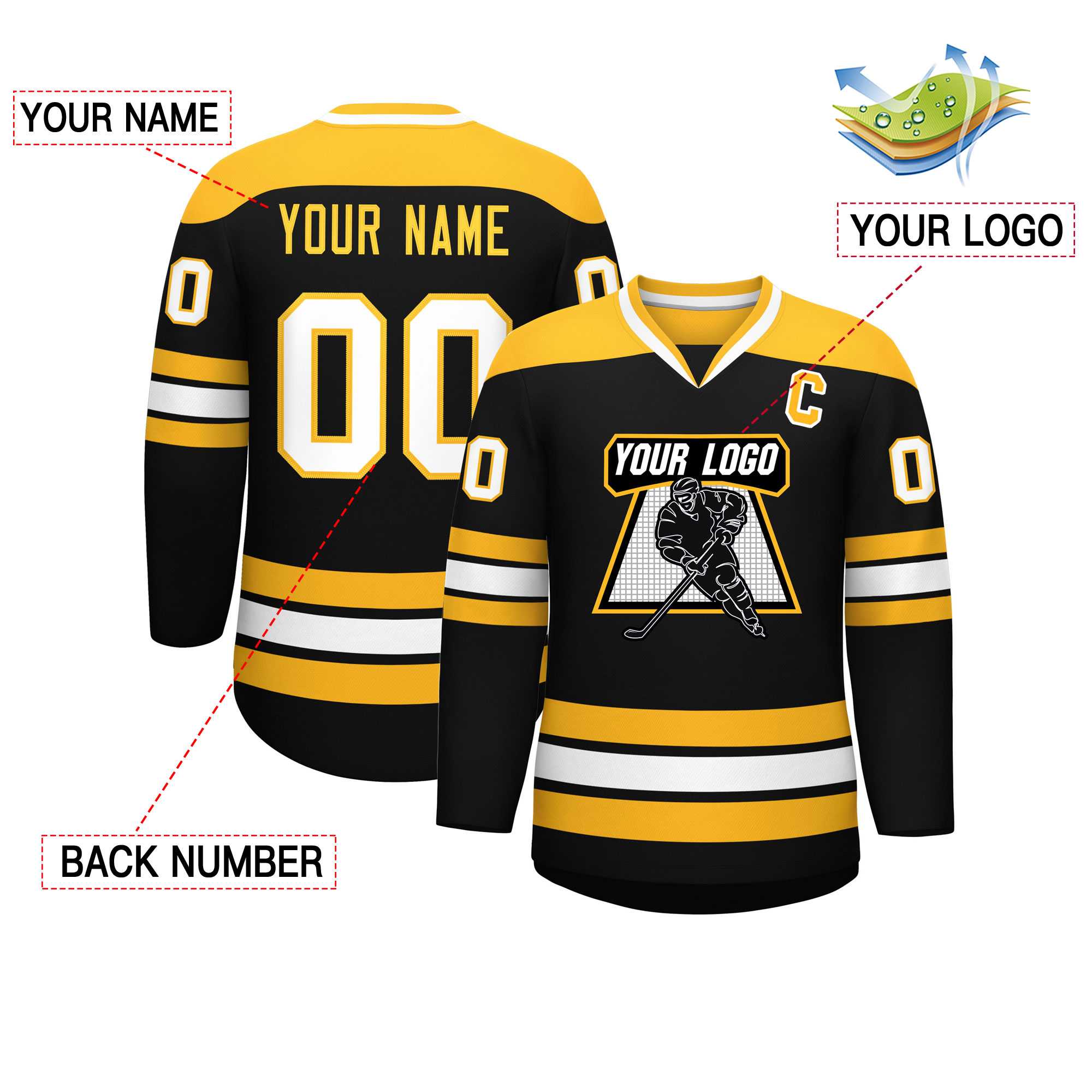 Custom Black Gold-White Personalized Classic V-Neck Hockey Jersey | KXKSHOP