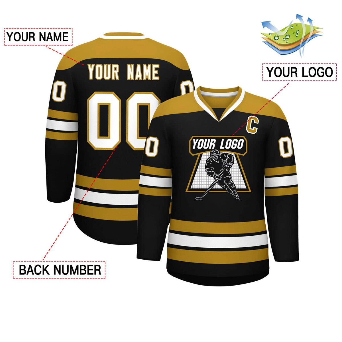 Custom Black Old Gold-White Personalized Classic V-Neck Hockey Jersey | KXKSHOP