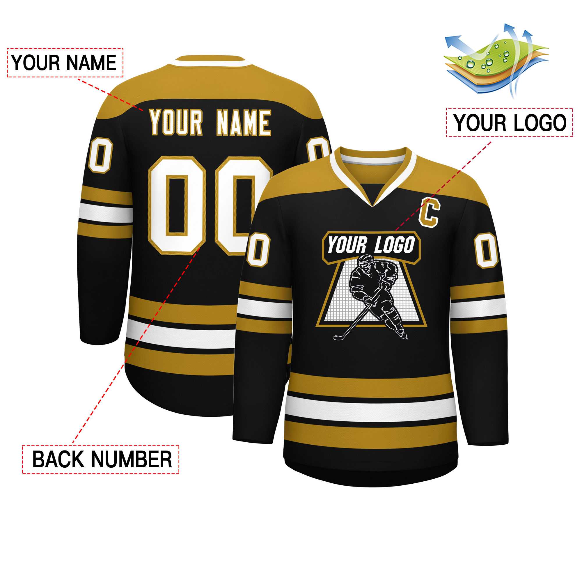 Custom Black Old Gold-White Personalized Classic V-Neck Hockey Jersey | KXKSHOP