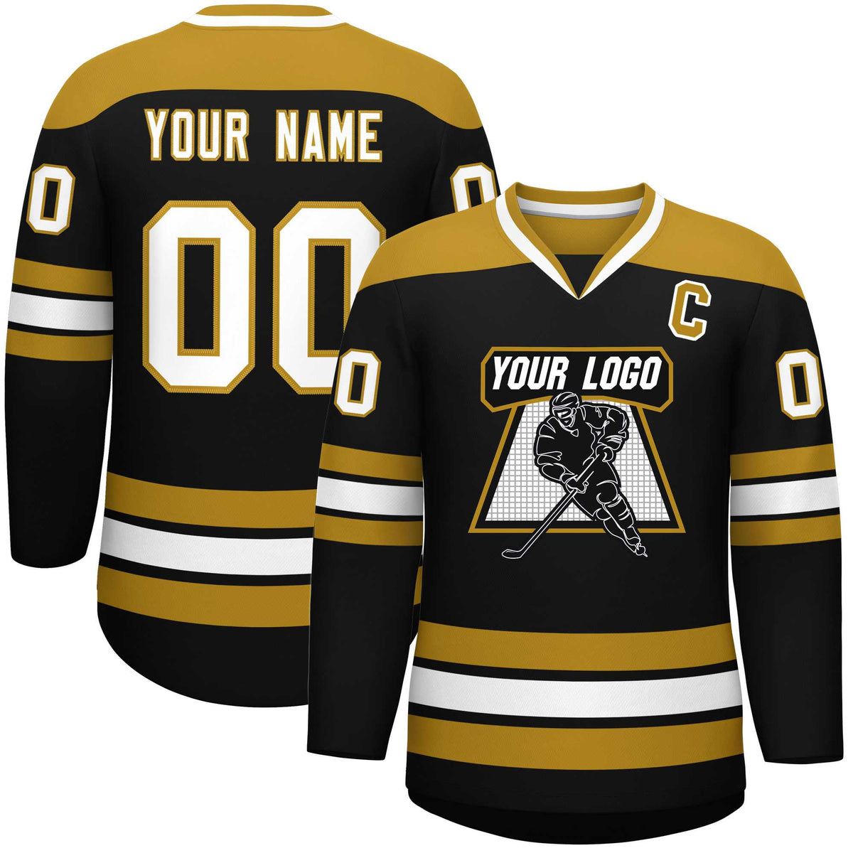 Custom Black Old Gold-White Personalized Classic V-Neck Hockey Jersey | KXKSHOP
