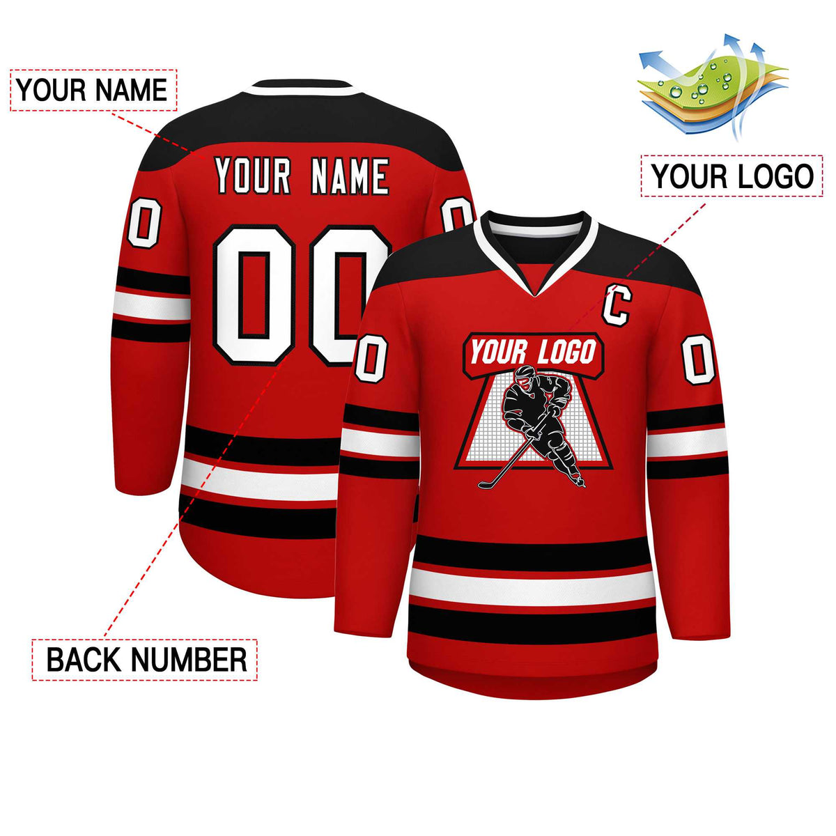 Custom Red Black-White Personalized Classic V-Neck Hockey Jersey | KXKSHOP