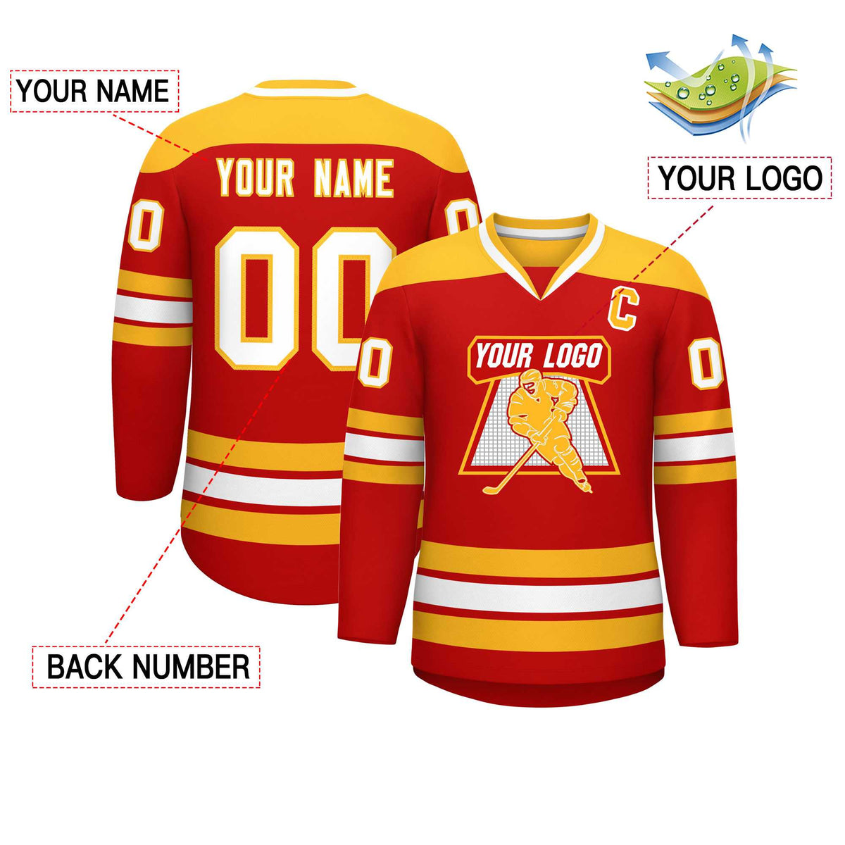 Custom Red Gold-White Personalized Classic V-Neck Hockey Jersey | KXKSHOP