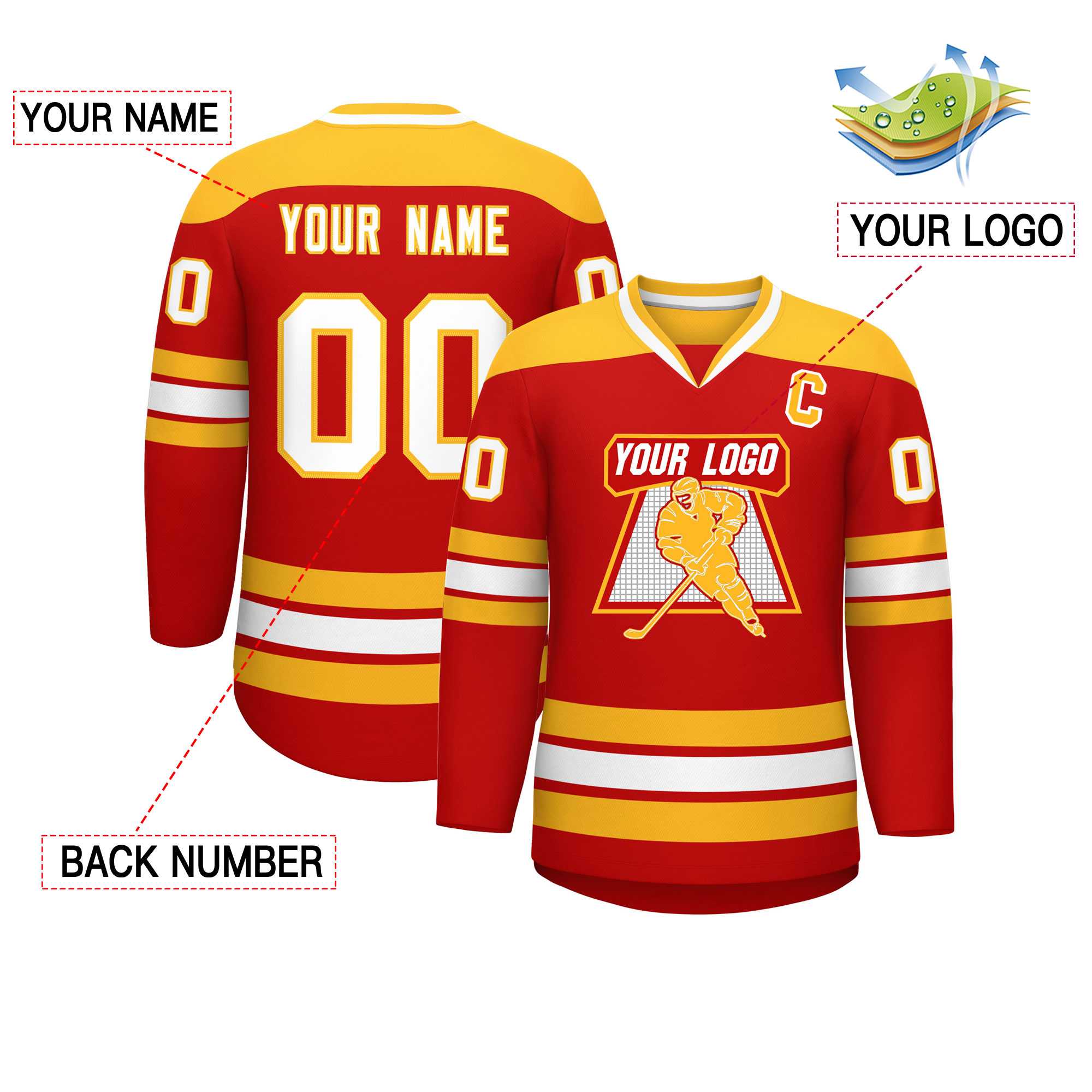 Custom Red Gold-White Personalized Classic V-Neck Hockey Jersey | KXKSHOP
