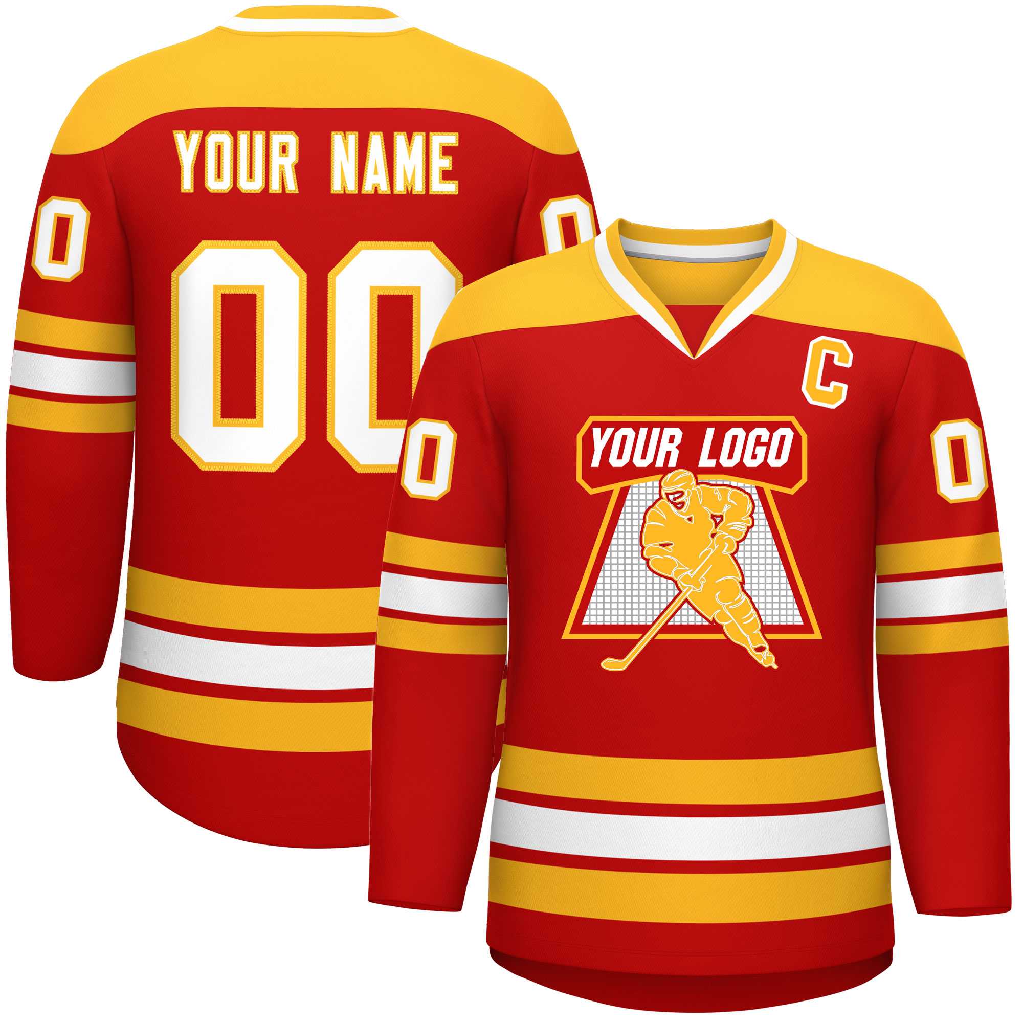 Custom Red Gold-White Personalized Classic V-Neck Hockey Jersey | KXKSHOP