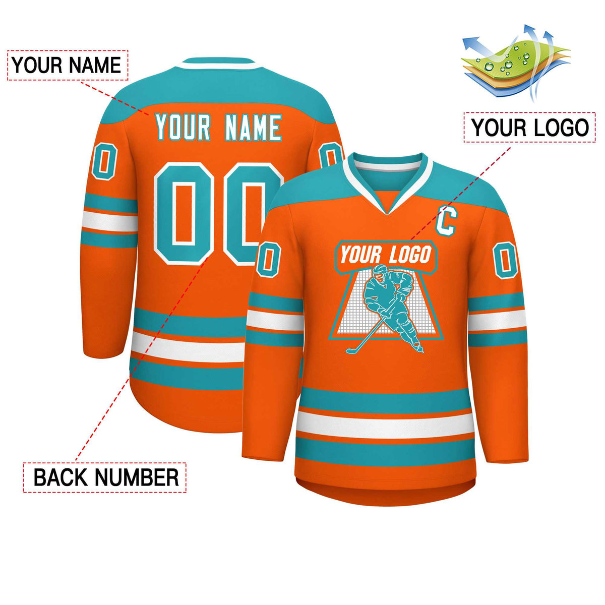 Custom Orange Aqua-White Personalized Classic V-Neck Hockey Jersey | KXKSHOP