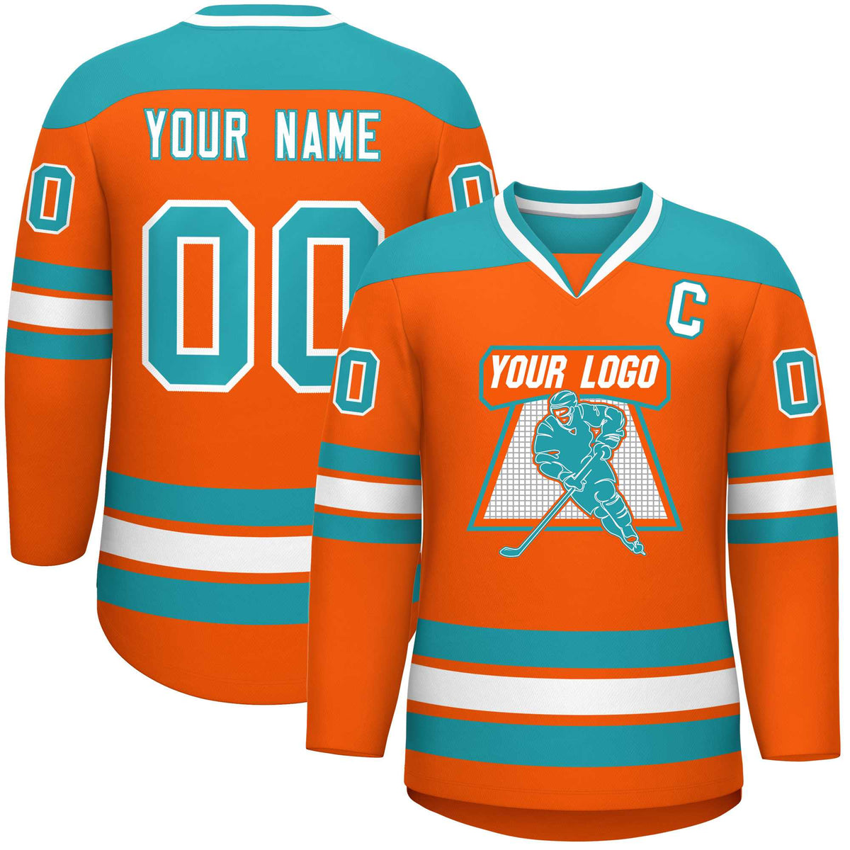 Custom Orange Aqua-White Personalized Classic V-Neck Hockey Jersey | KXKSHOP