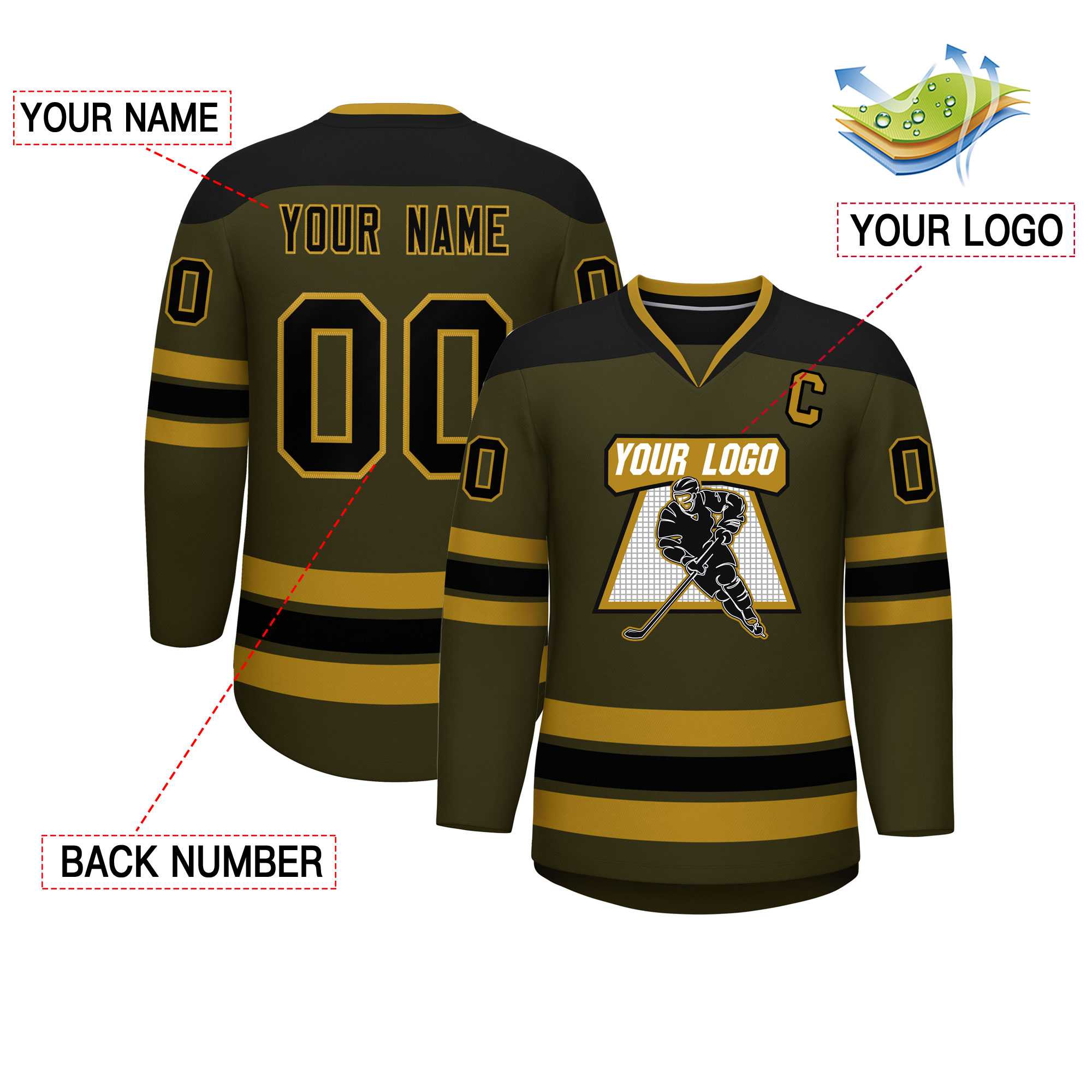 Custom Olive Black-Black Personalized Classic V-Neck Hockey Jersey | KXKSHOP