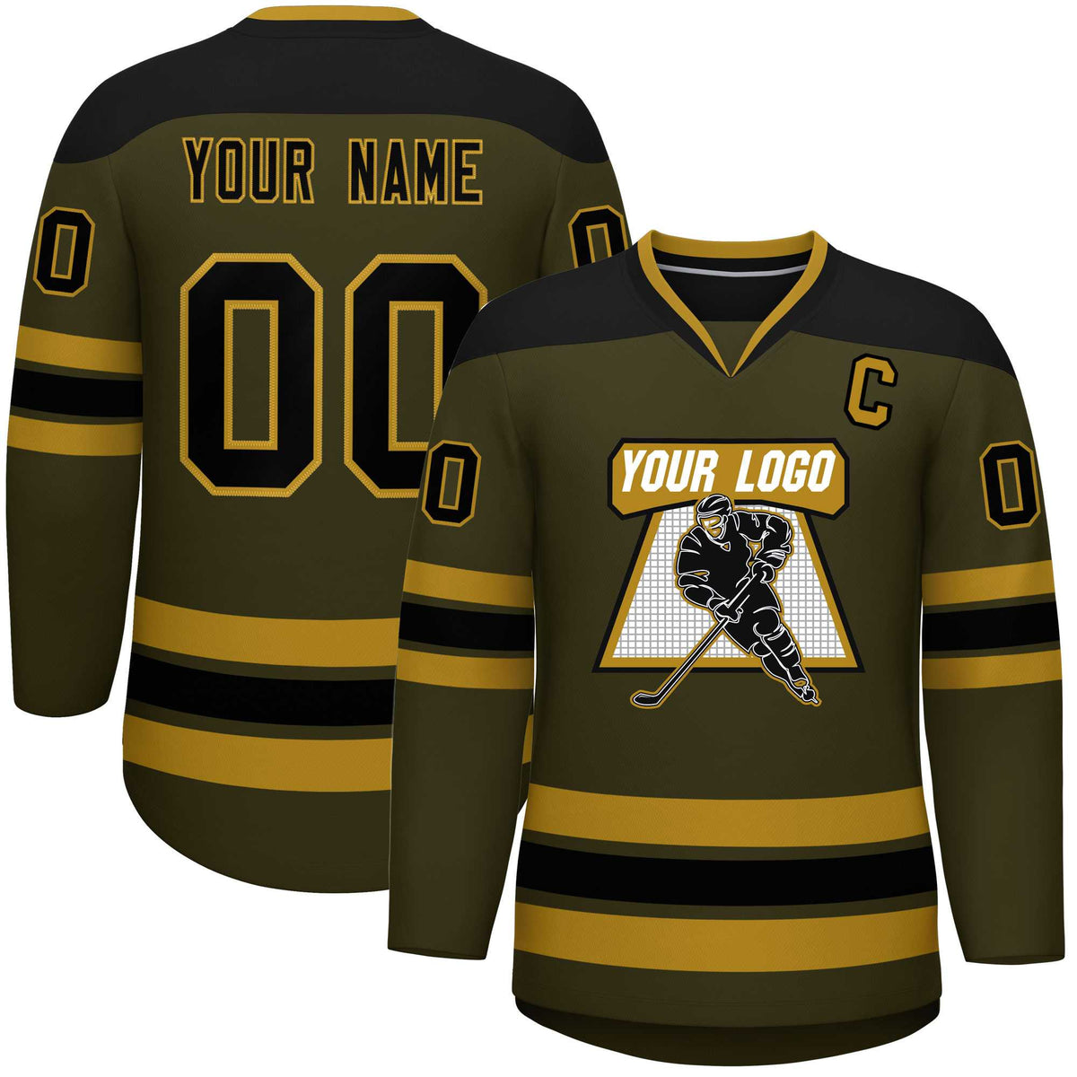 Custom Olive Black-Black Personalized Classic V-Neck Hockey Jersey | KXKSHOP