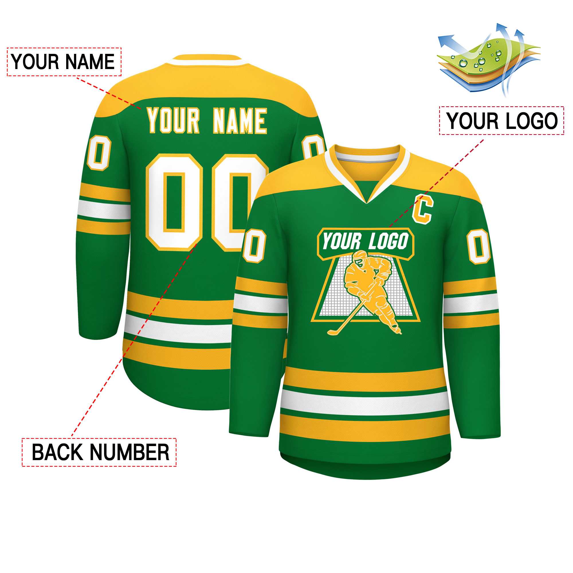 Custom Kelly Green Gold-White Personalized Classic V-Neck Hockey Jersey | KXKSHOP