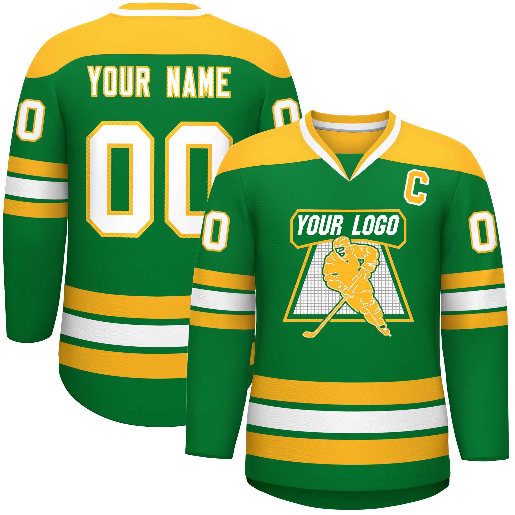 Custom Kelly Green Gold-White Personalized Classic V-Neck Hockey Jersey | KXKSHOP
